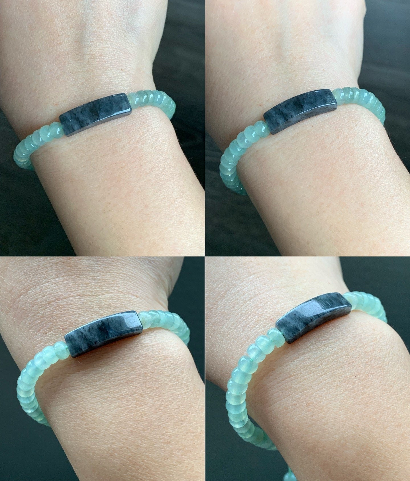 Natural Burmese Icy Highly Translucent Gelatinous Light Green Jadeite Flat Beads Wuji Jadeite Curved Bead Beaded Bracelet 7” 天然缅甸晴底翡翠算盘珠乌鸡手牌