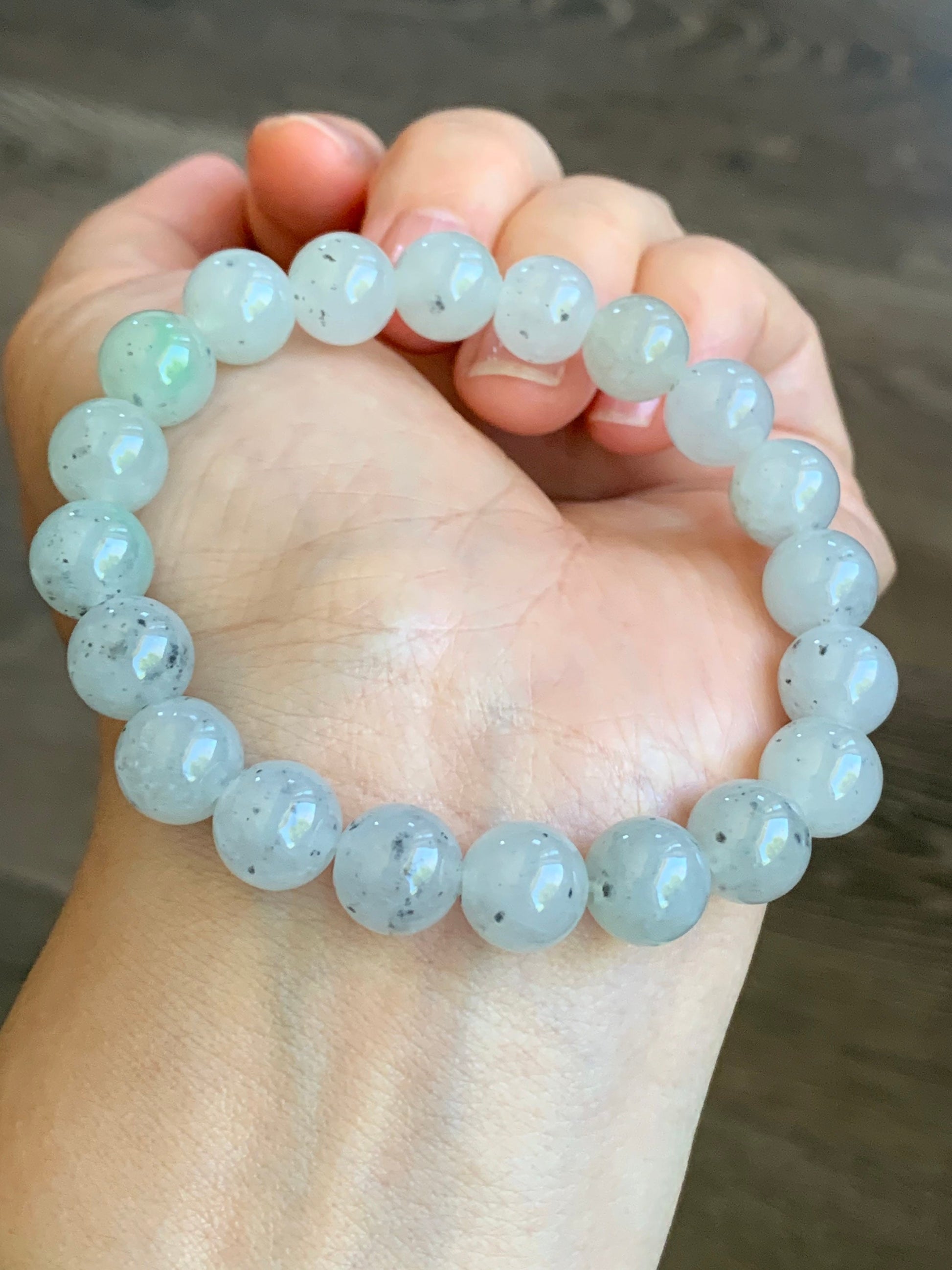 Large Burmese Natural Premium Icy Translucent Gelatinous White Wuji Jadeite Beaded Bracelet 9.7mm 7.25” 天然缅甸大卡冰胶白乌鸡翡翠手串 DBWJ-RJ