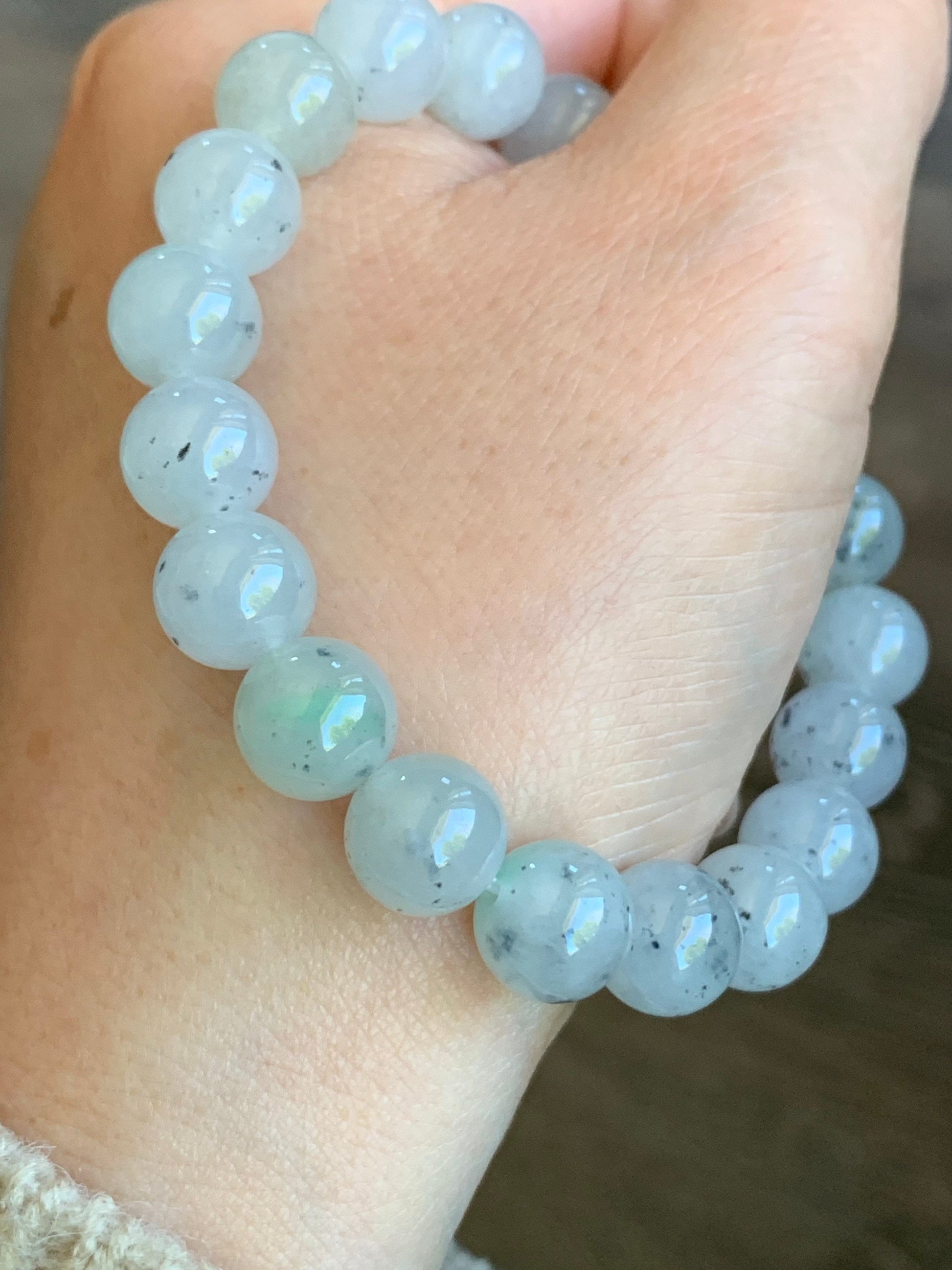 Large Burmese Natural Premium Icy Translucent Gelatinous White Wuji Jadeite Beaded Bracelet 9.7mm 7.25” 天然缅甸大卡冰胶白乌鸡翡翠手串 DBWJ-RJ