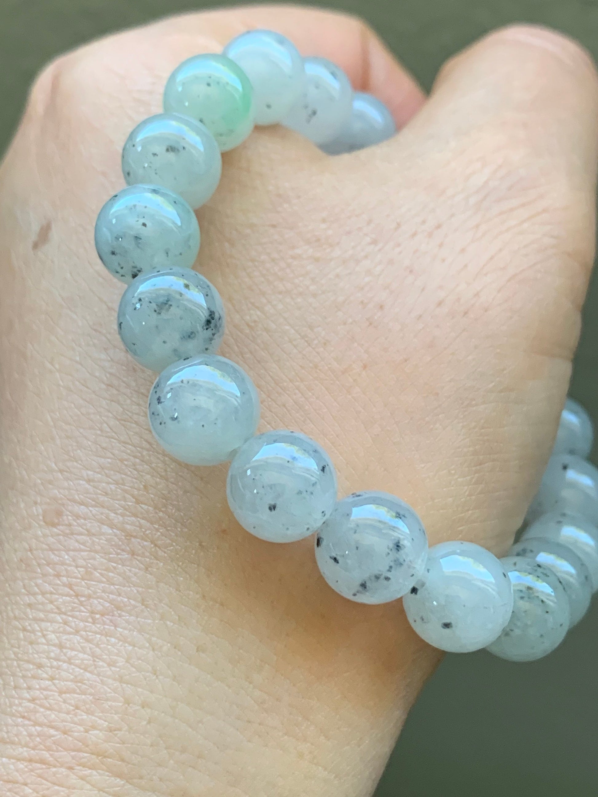 Large Burmese Natural Premium Icy Translucent Gelatinous White Wuji Jadeite Beaded Bracelet 9.7mm 7.25” 天然缅甸大卡冰胶白乌鸡翡翠手串 DBWJ-RJ