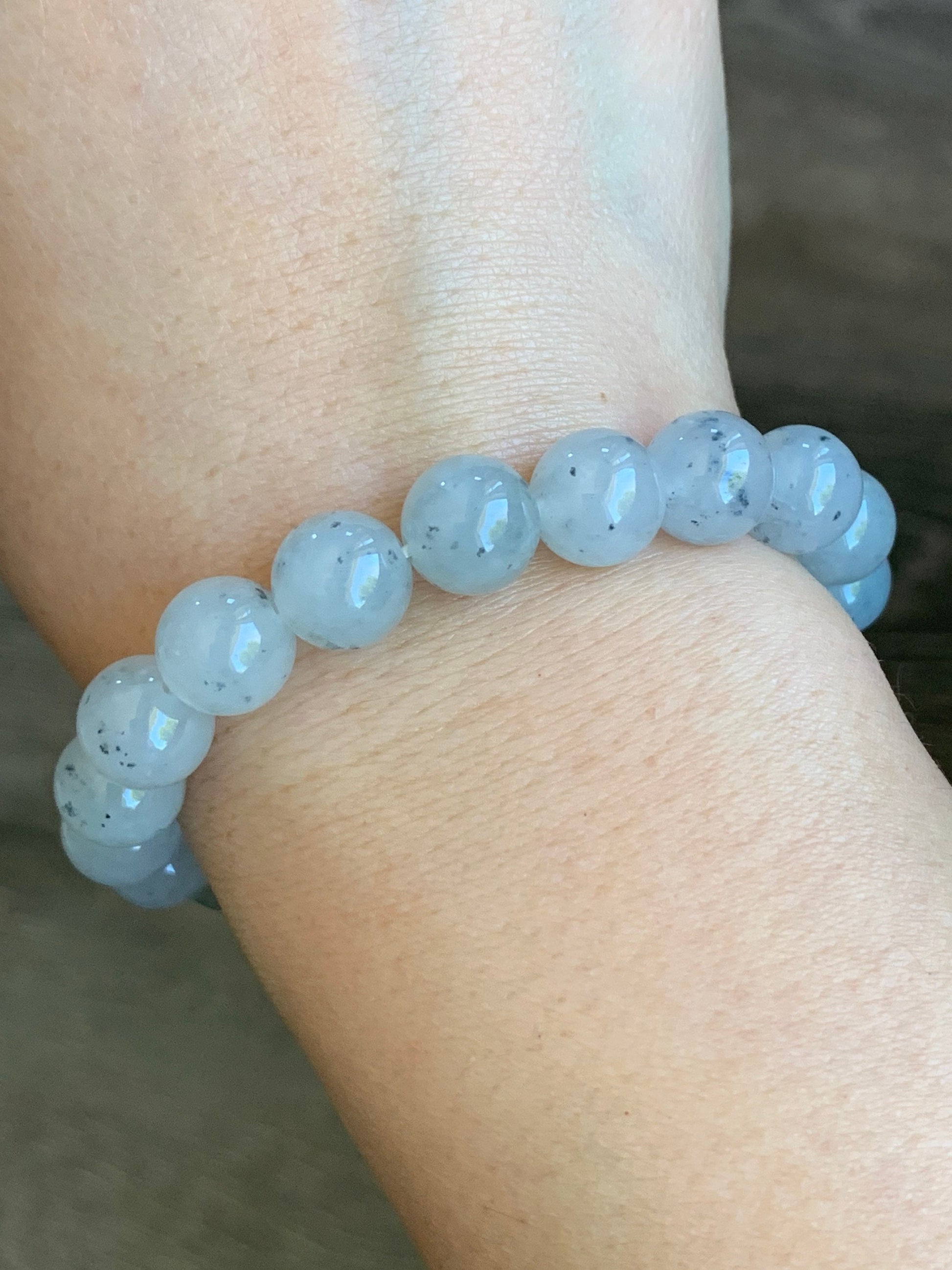 Large Burmese Natural Premium Icy Translucent Gelatinous White Wuji Jadeite Beaded Bracelet 9.7mm 7.25” 天然缅甸大卡冰胶白乌鸡翡翠手串 DBWJ-RJ