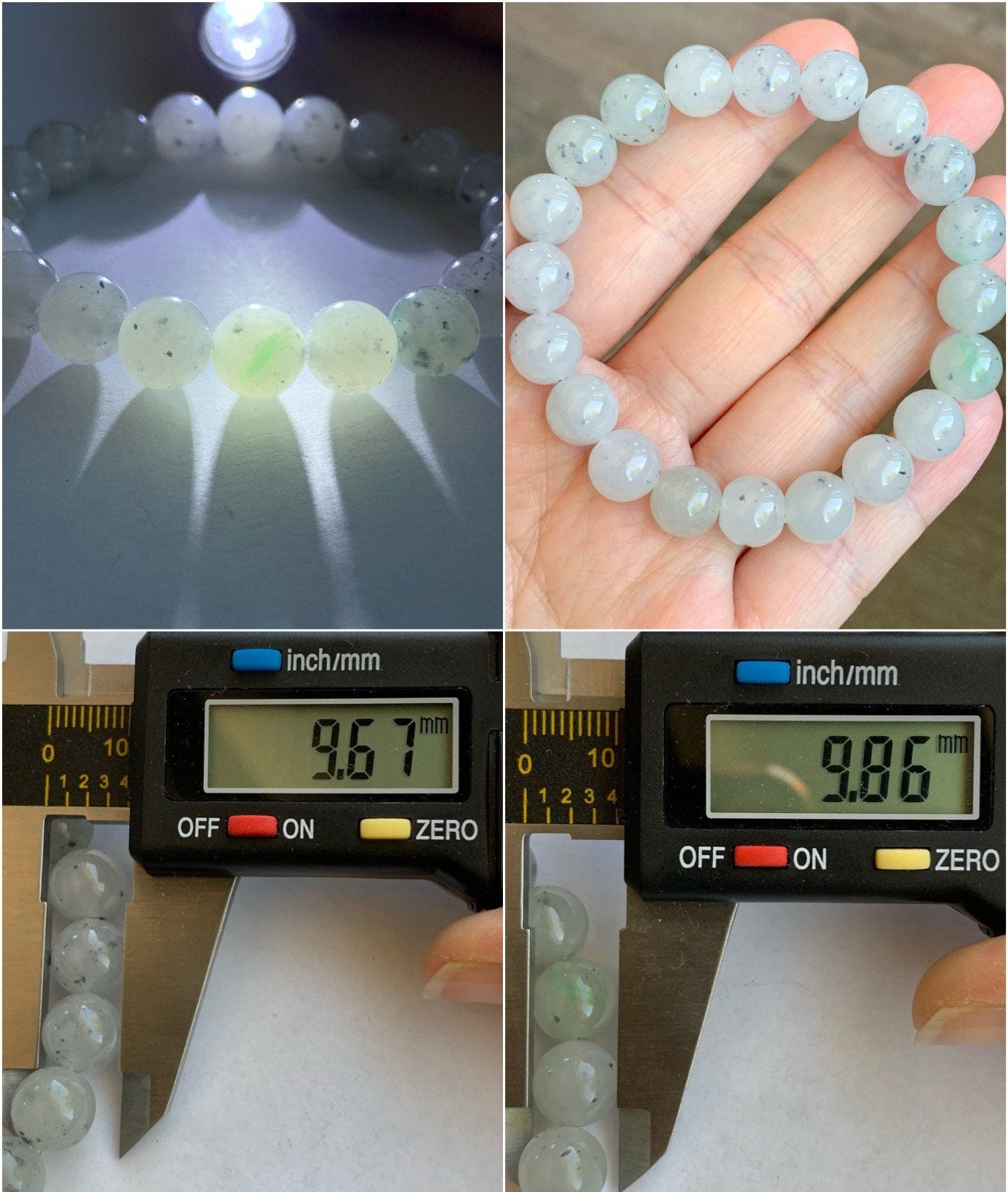 Large Burmese Natural Premium Icy Translucent Gelatinous White Wuji Jadeite Beaded Bracelet 9.7mm 7.25” 天然缅甸大卡冰胶白乌鸡翡翠手串 DBWJ-RJ