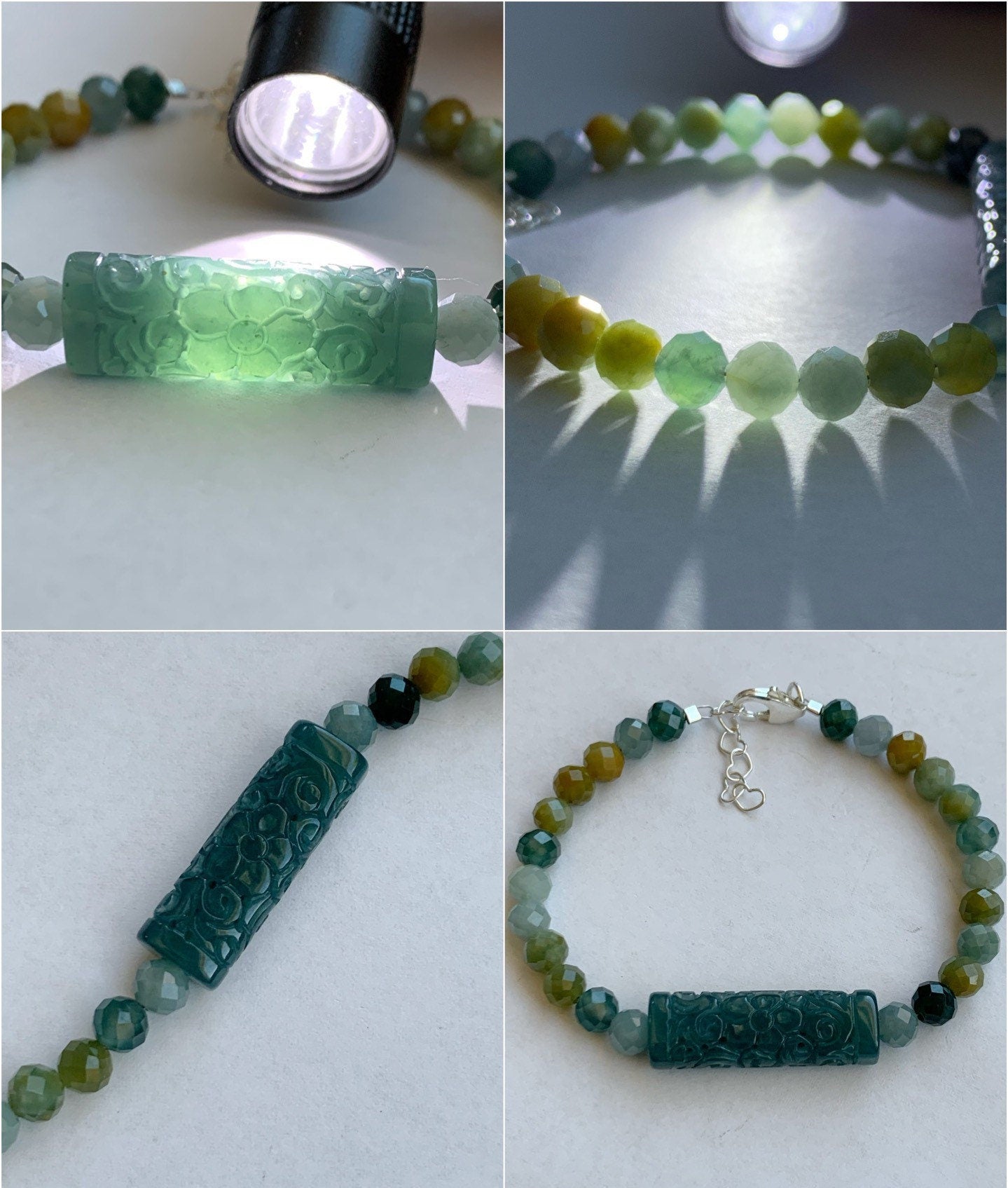 Natural Guatemalan Icy Translucent Rich Blue Jadeite Engraved Bead Multicolored Jadeite Beaded Bracelet Sterling Silver 天然冰危蓝翡翠仿古雕手牌手串