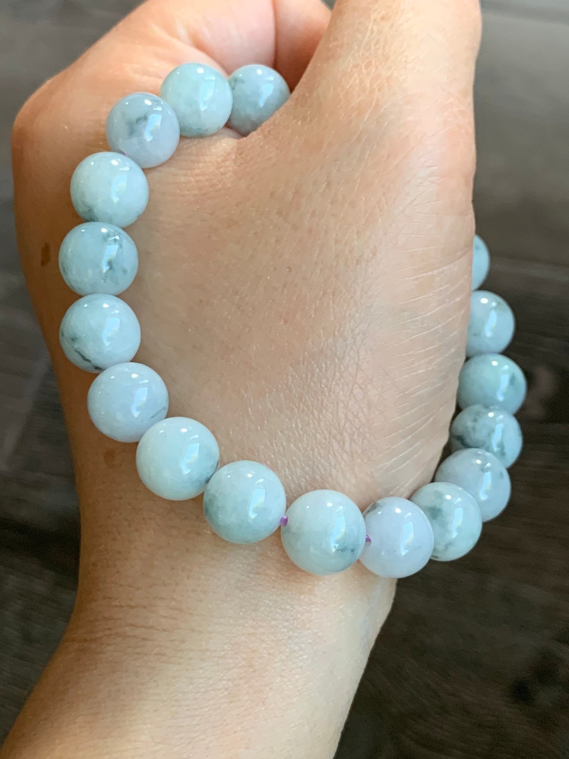 Burmese Natural Large Light Green Jadeite Beads with Dark Teal Marbling Beaded Bracelet 10 mm 7.5” 天然缅甸大卡糯种飘蓝花翡翠圆珠手串 ZCHS