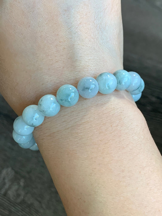 Burmese Natural Large Light Green Jadeite Beads with Dark Teal Marbling Beaded Bracelet 10 mm 7.5” 天然缅甸大卡糯种飘蓝花翡翠圆珠手串 ZCHS