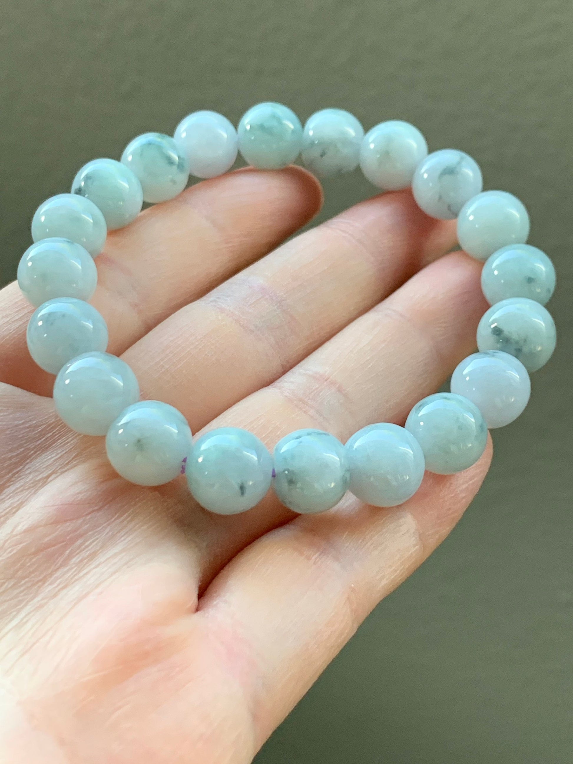 Burmese Natural Large Light Green Jadeite Beads with Dark Teal Marbling Beaded Bracelet 10 mm 7.5” 天然缅甸大卡糯种飘蓝花翡翠圆珠手串 ZCHS