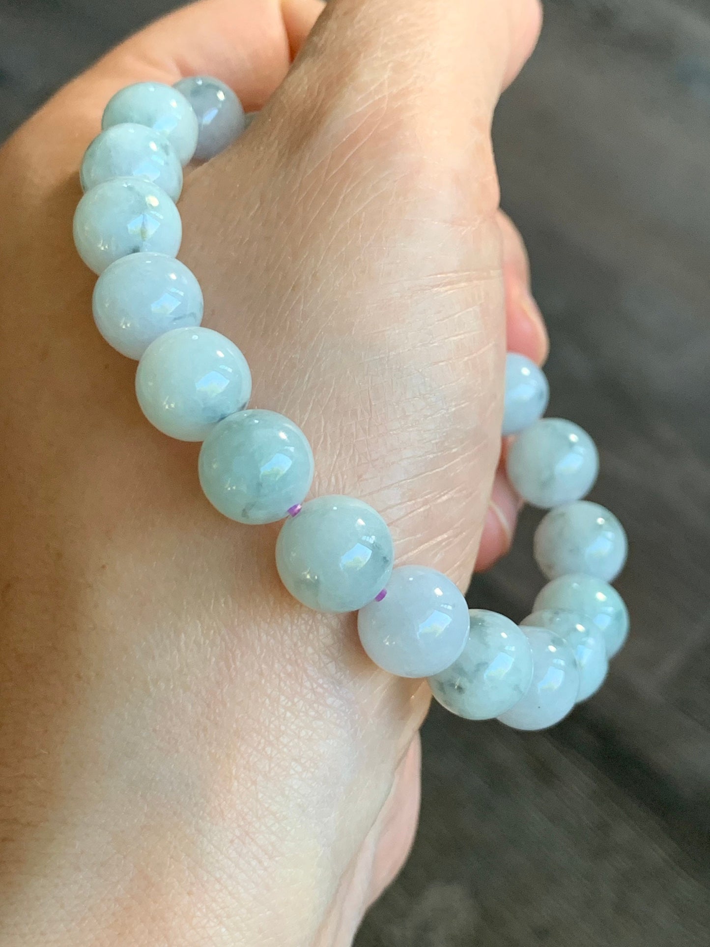 Burmese Natural Large Light Green Jadeite Beads with Dark Teal Marbling Beaded Bracelet 10 mm 7.5” 天然缅甸大卡糯种飘蓝花翡翠圆珠手串 ZCHS