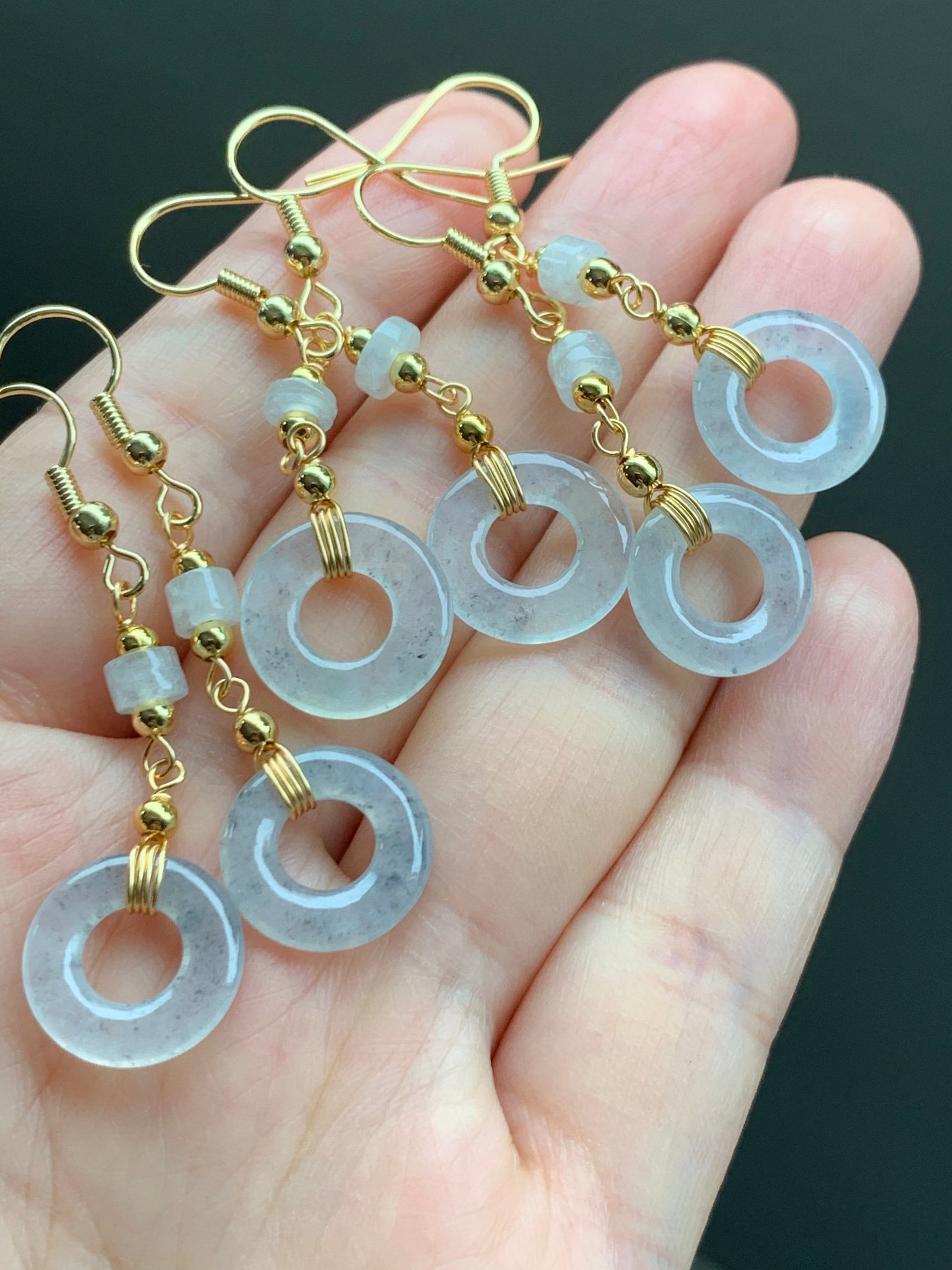 Natural Burmese Icy Highly Translucent Wuji Jadeite Ping An Kou Donut Dangle Earrings 14K Gold Plated 天然缅甸起冰起光冰乌鸡平安圈耳吊