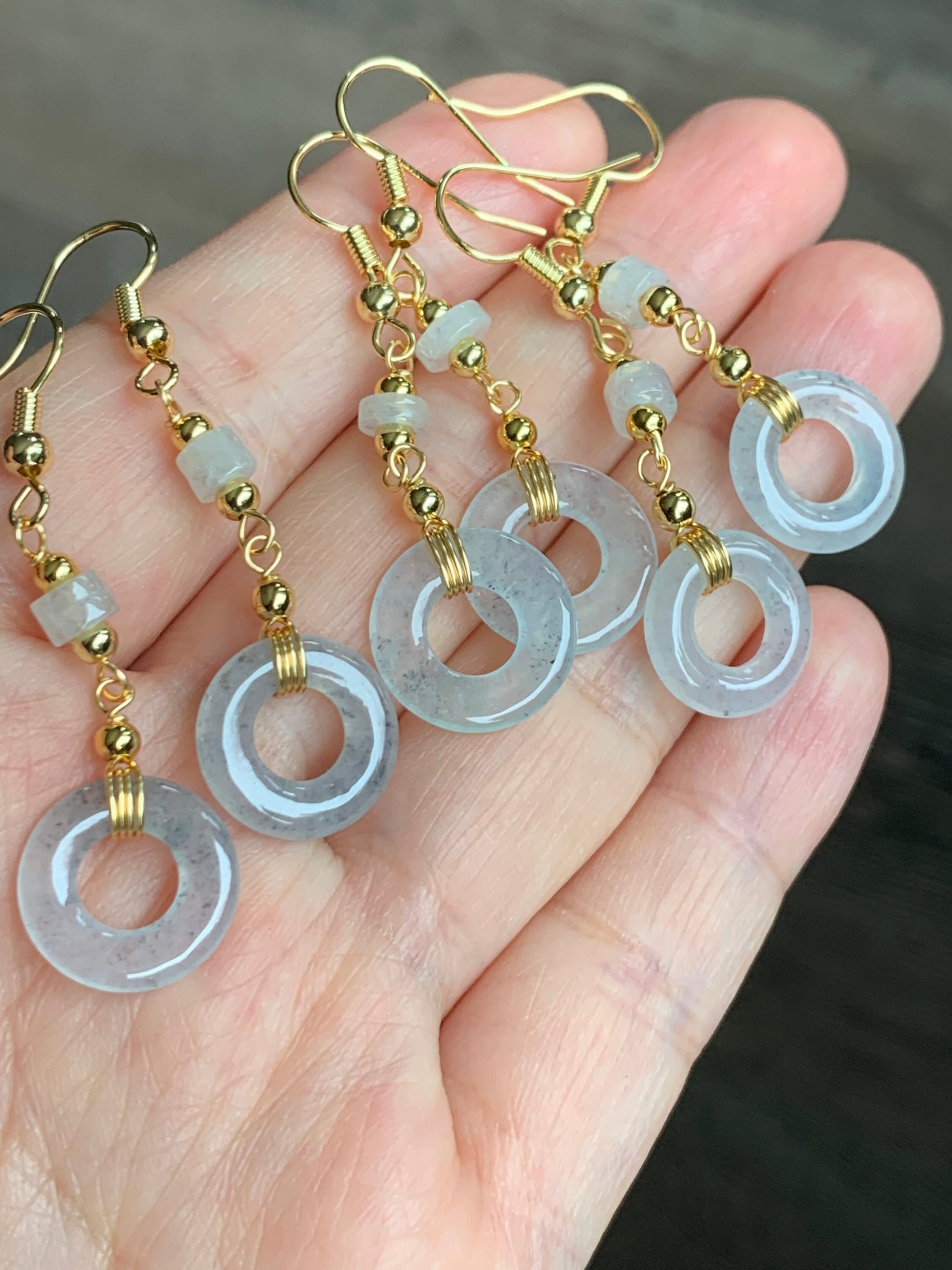 Natural Burmese Icy Highly Translucent Wuji Jadeite Ping An Kou Donut Dangle Earrings 14K Gold Plated 天然缅甸起冰起光冰乌鸡平安圈耳吊