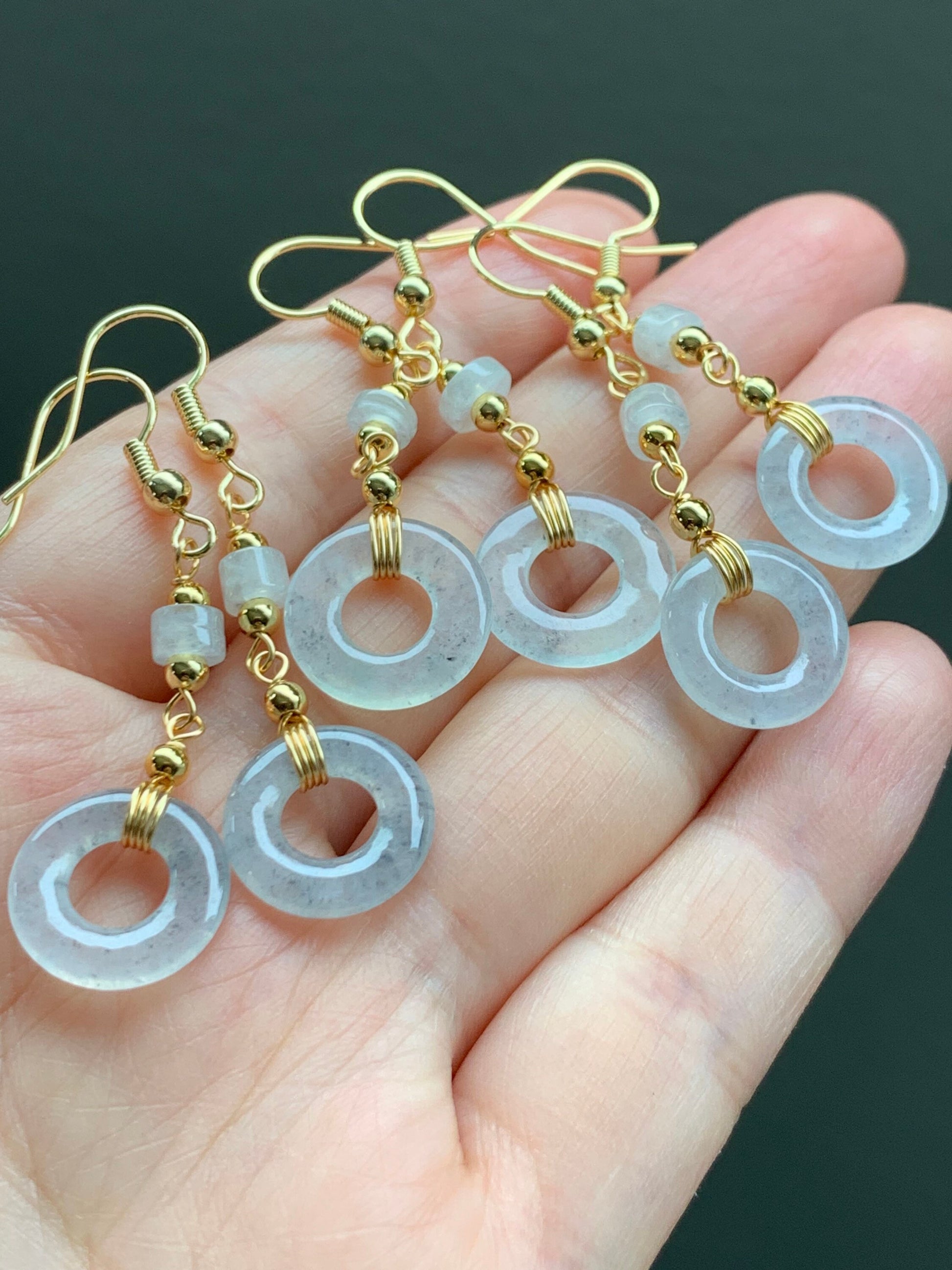 Natural Burmese Icy Highly Translucent Wuji Jadeite Ping An Kou Donut Dangle Earrings 14K Gold Plated 天然缅甸起冰起光冰乌鸡平安圈耳吊