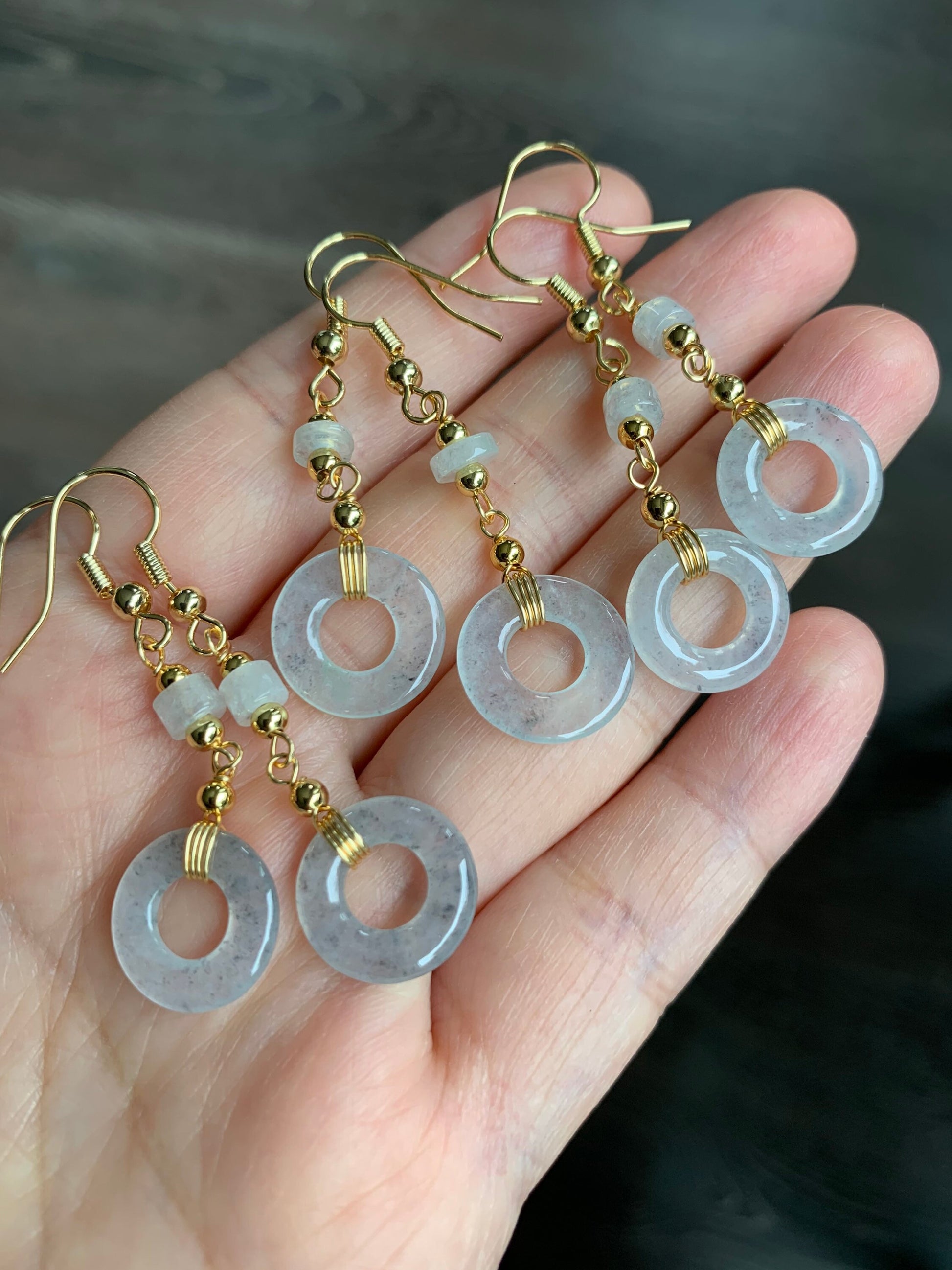 Natural Burmese Icy Highly Translucent Wuji Jadeite Ping An Kou Donut Dangle Earrings 14K Gold Plated 天然缅甸起冰起光冰乌鸡平安圈耳吊