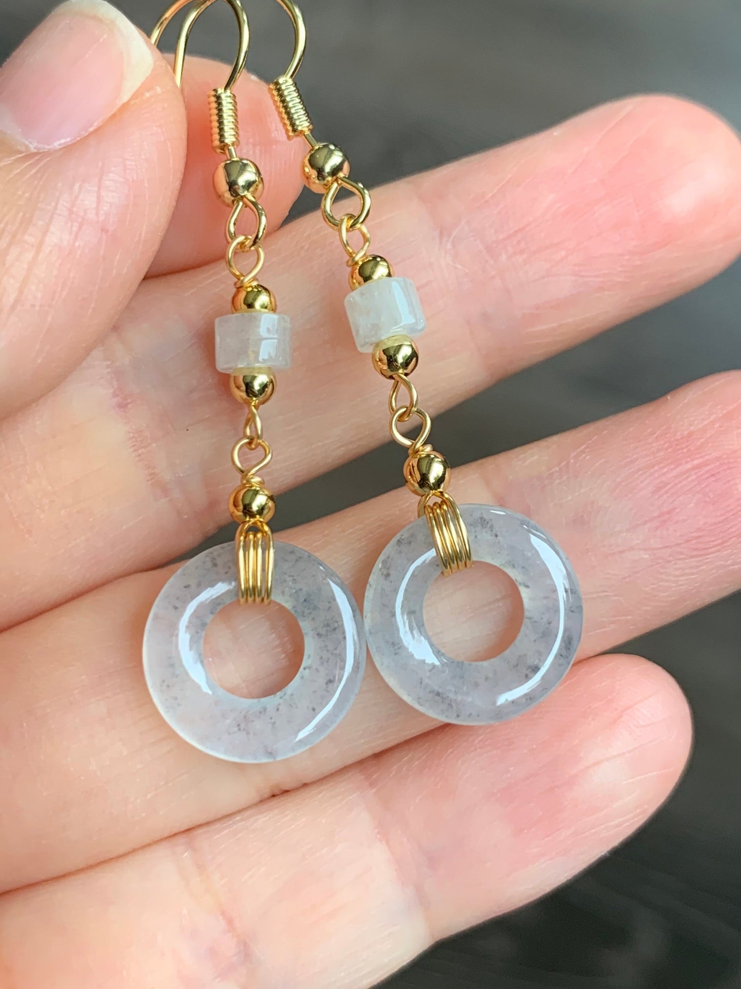 Natural Burmese Icy Highly Translucent Wuji Jadeite Ping An Kou Donut Dangle Earrings 14K Gold Plated 天然缅甸起冰起光冰乌鸡平安圈耳吊