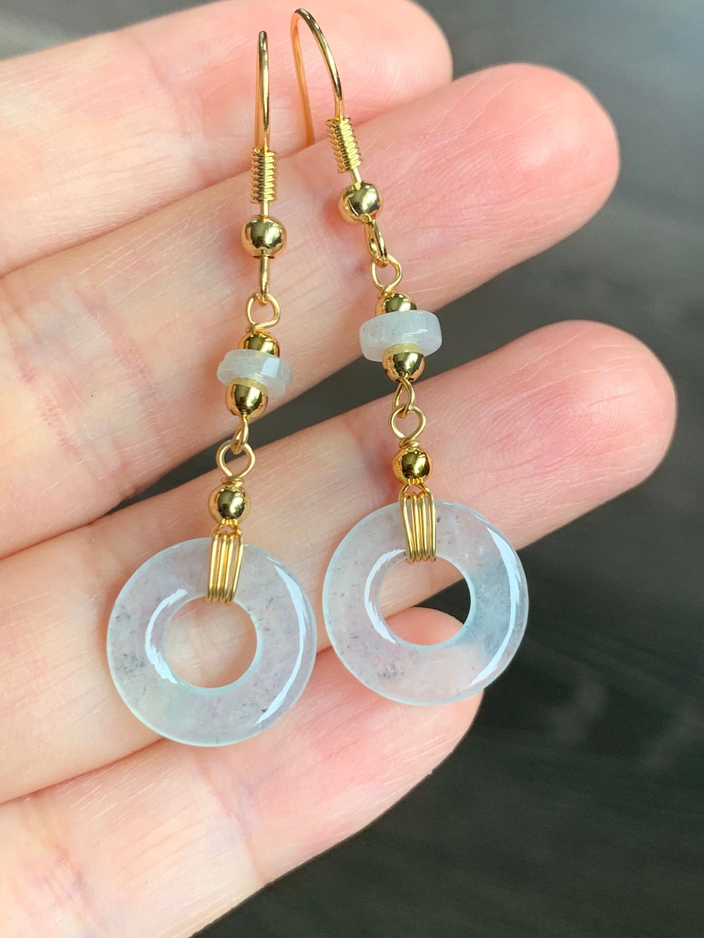 Natural Burmese Icy Highly Translucent Wuji Jadeite Ping An Kou Donut Dangle Earrings 14K Gold Plated 天然缅甸起冰起光冰乌鸡平安圈耳吊