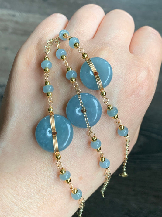 Natural Guatemalan Icy Translucent Dusty Blue Jadeite Ping An Kou Bracelet 14K Gold Plated adjustable 7.5” 天然冰危蓝莓翡翠平安扣14K包金手链