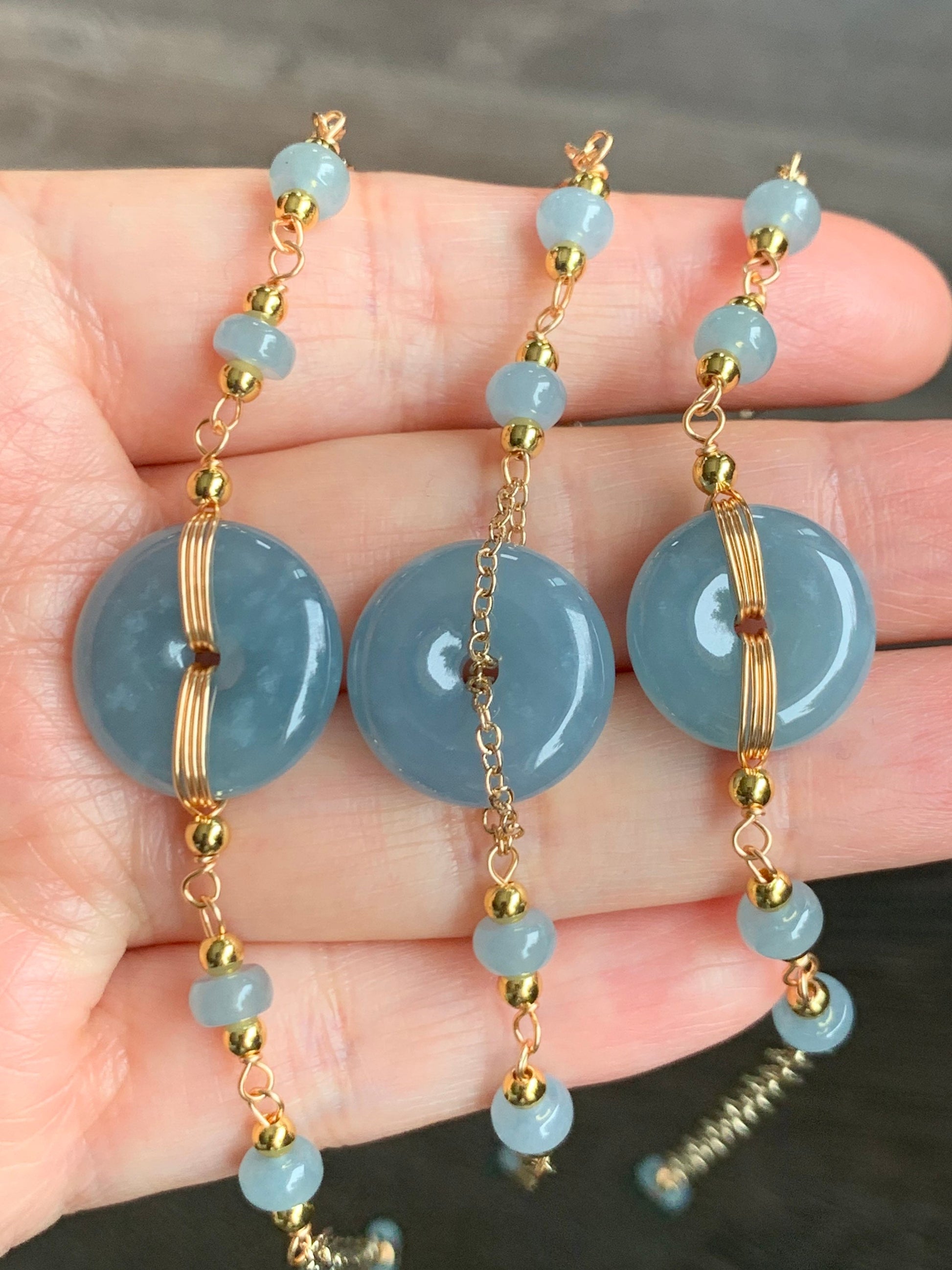 Natural Guatemalan Icy Translucent Dusty Blue Jadeite Ping An Kou Bracelet 14K Gold Plated adjustable 7.5” 天然冰危蓝莓翡翠平安扣14K包金手链