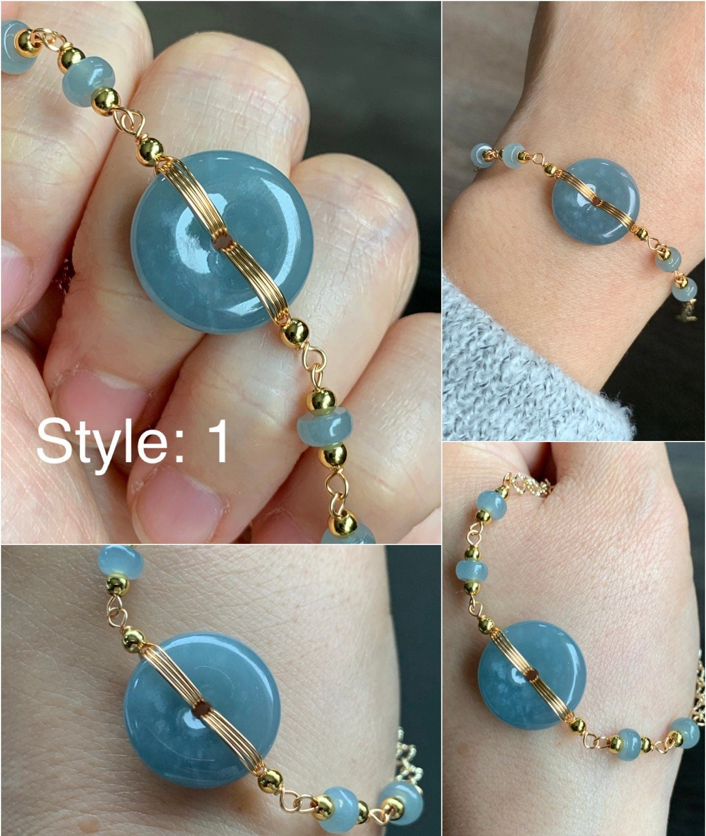 Natural Guatemalan Icy Translucent Dusty Blue Jadeite Ping An Kou Bracelet 14K Gold Plated adjustable 7.5” 天然冰危蓝莓翡翠平安扣14K包金手链