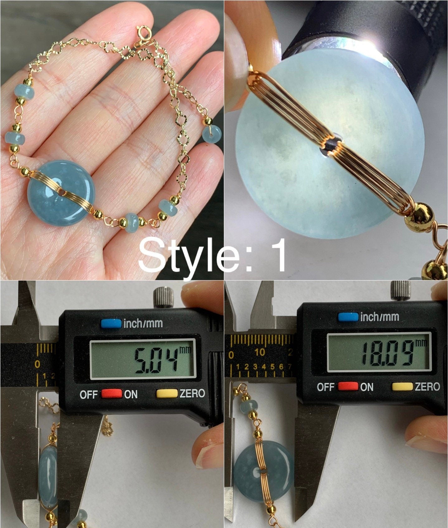 Natural Guatemalan Icy Translucent Dusty Blue Jadeite Ping An Kou Bracelet 14K Gold Plated adjustable 7.5” 天然冰危蓝莓翡翠平安扣14K包金手链