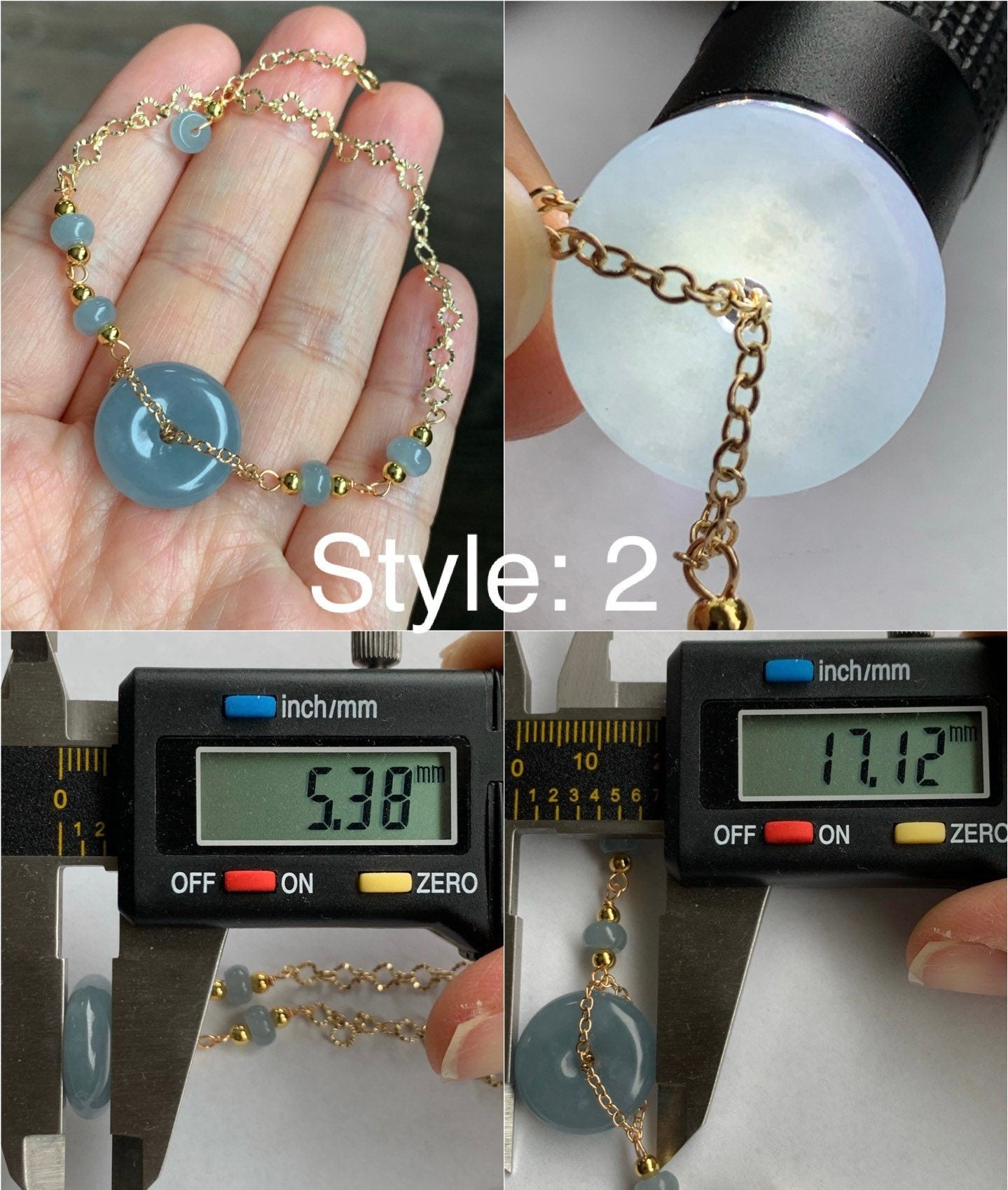 Natural Guatemalan Icy Translucent Dusty Blue Jadeite Ping An Kou Bracelet 14K Gold Plated adjustable 7.5” 天然冰危蓝莓翡翠平安扣14K包金手链