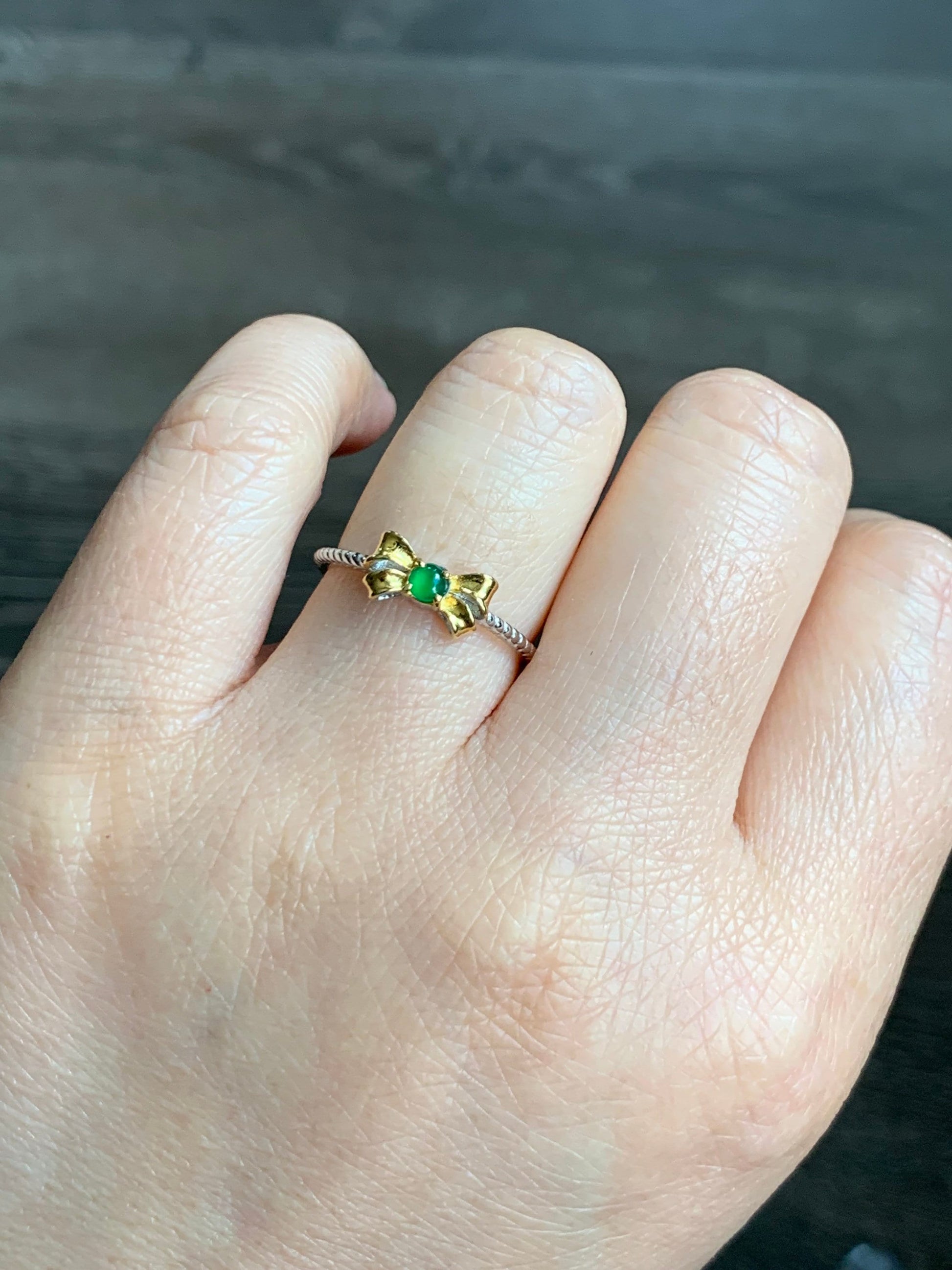Natural Guatemalan Icy Translucent Bright Green Jadeite Bow Design Ring S925 Silver Ring Adjustable 缅甸天然冰绿翡翠蝴蝶结款式银镶戒指 HDJ50