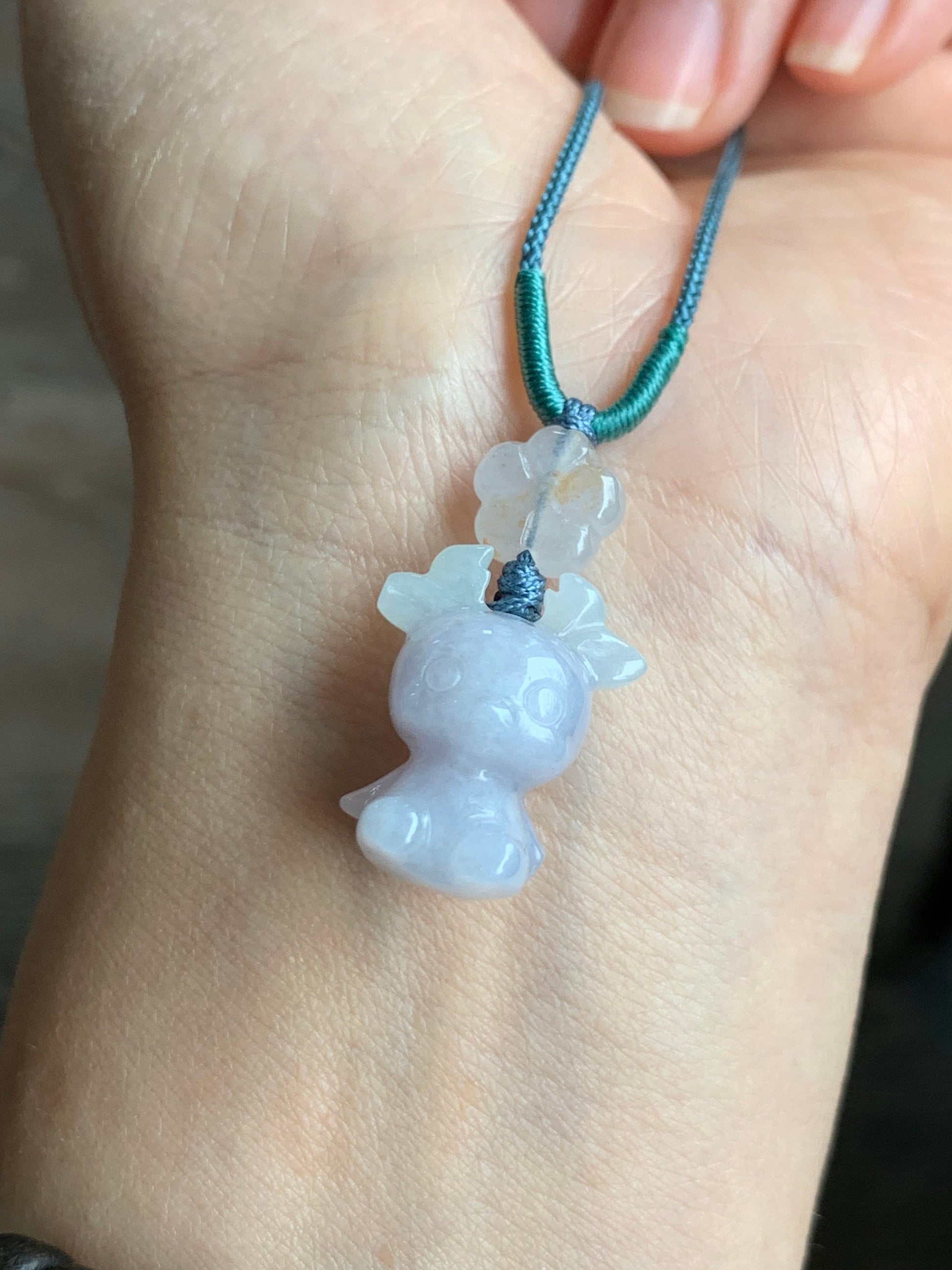 Natural Burmese Icy Translucent Jadeite Carved Deer & Cherry Blossom Pendant Rope Necklace Adjustable up to 24” 天然缅甸冰淡紫翡翠小鹿梅花吊坠