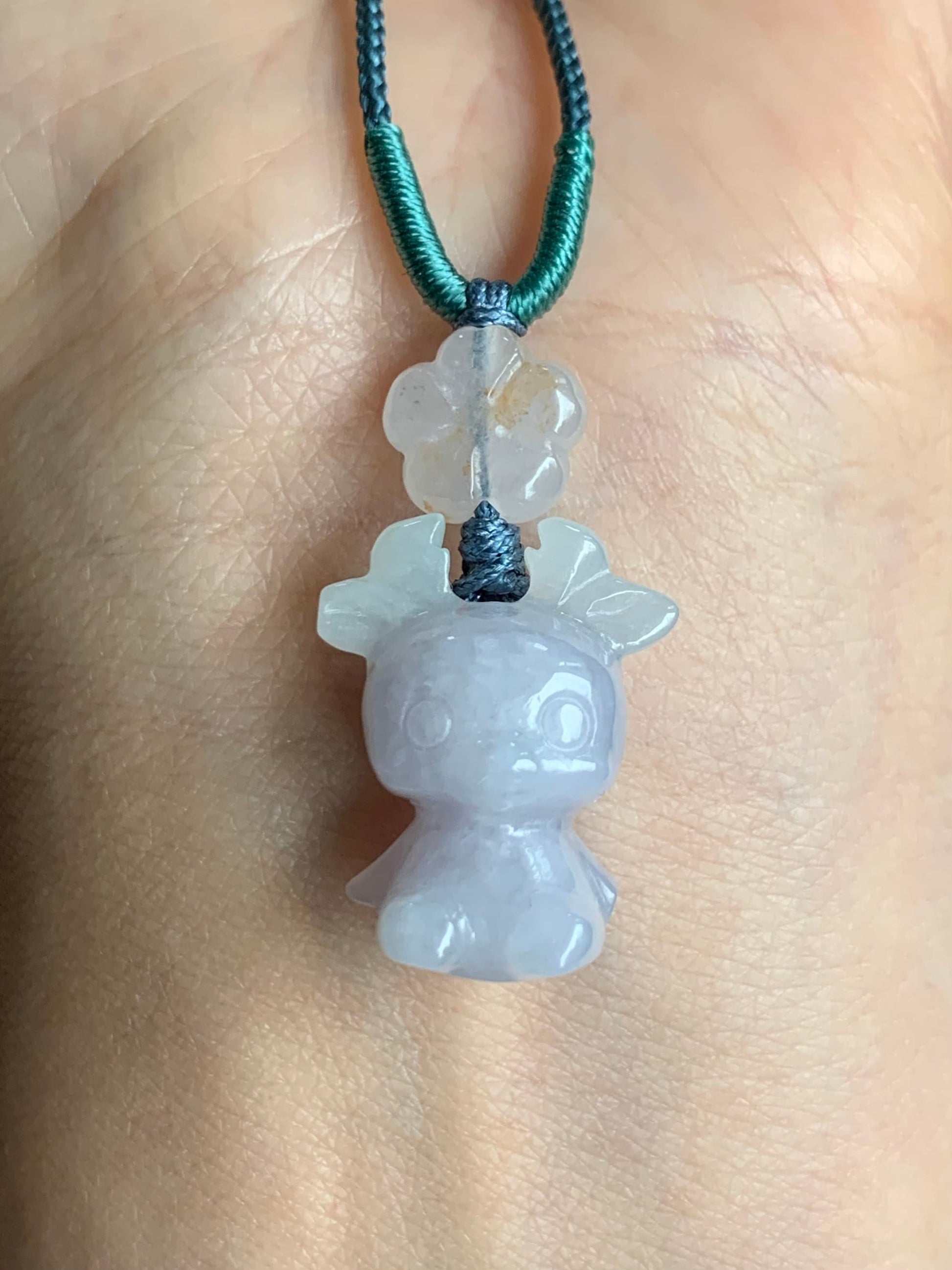 Natural Burmese Icy Translucent Jadeite Carved Deer & Cherry Blossom Pendant Rope Necklace Adjustable up to 24” 天然缅甸冰淡紫翡翠小鹿梅花吊坠