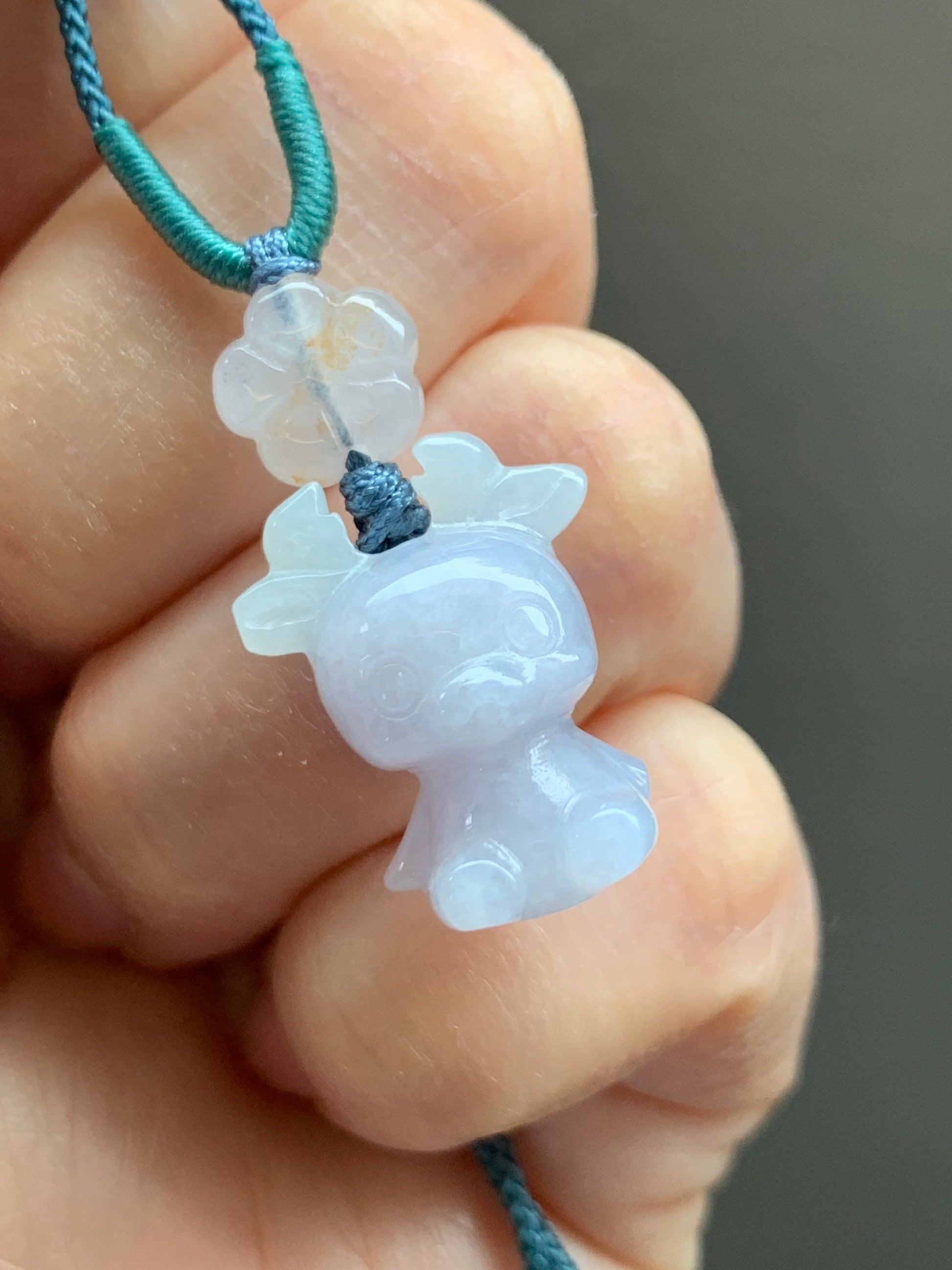 Natural Burmese Icy Translucent Jadeite Carved Deer & Cherry Blossom Pendant Rope Necklace Adjustable up to 24” 天然缅甸冰淡紫翡翠小鹿梅花吊坠