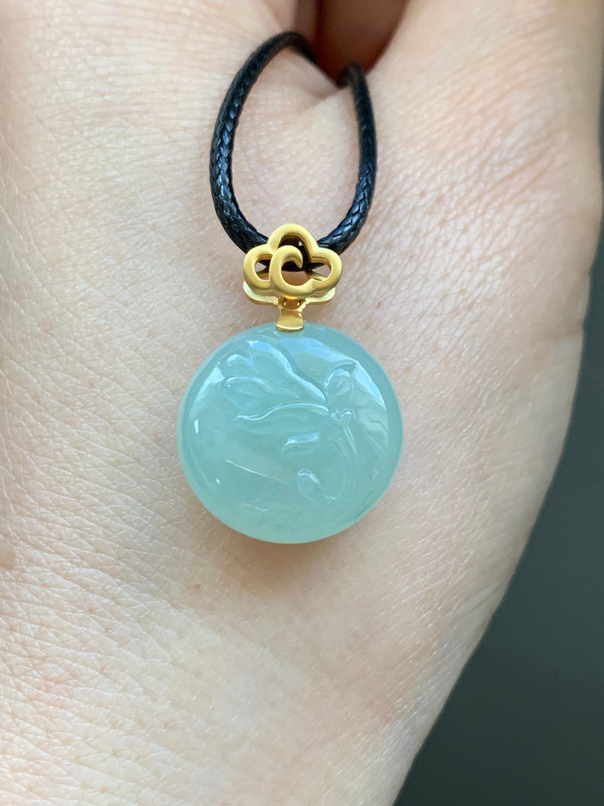 Certified Natural Burmese Icy Translucent Light Green Jadeite Pendant Carved Magnolia Flower 18K Yellow Gold 天然缅甸冰晴翡翠玉兰花牌镶嵌吊坠 2706