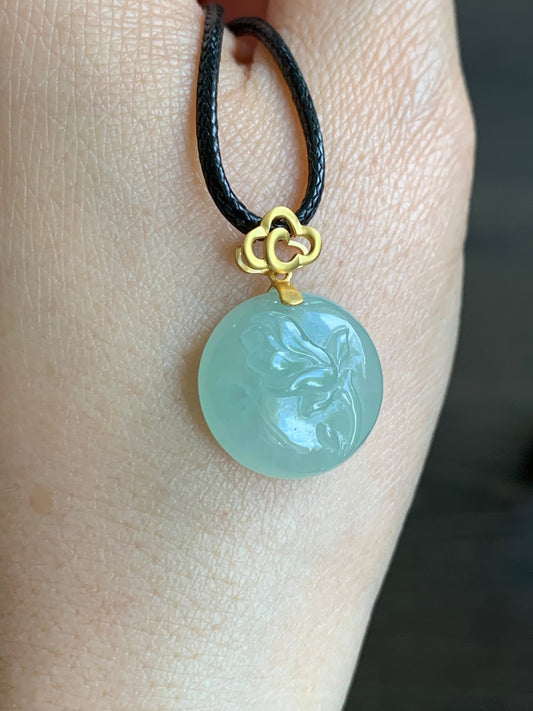Certified Natural Burmese Icy Translucent Light Green Jadeite Pendant Carved Magnolia Flower 18K Yellow Gold 天然缅甸冰晴翡翠玉兰花牌镶嵌吊坠 2706