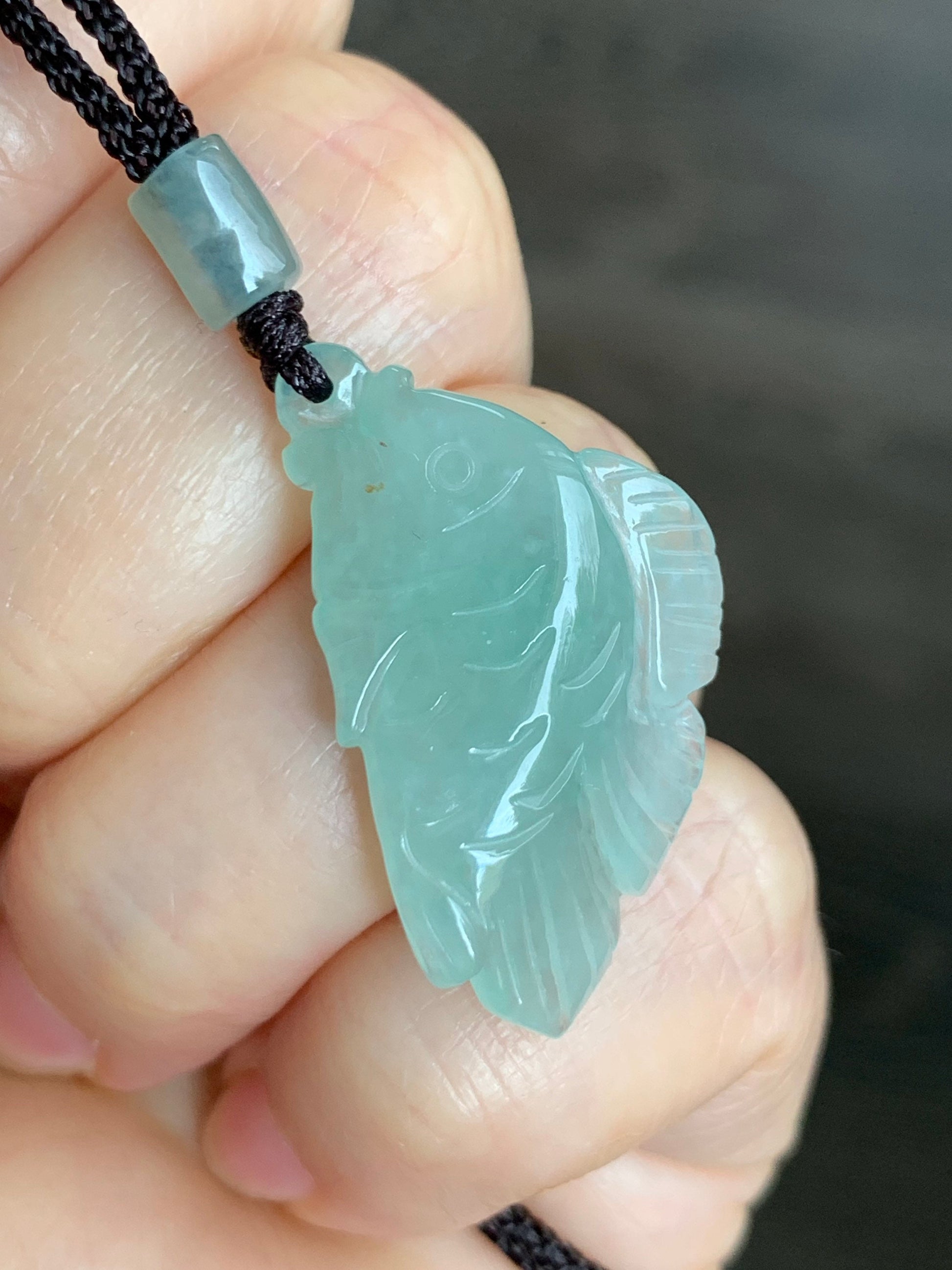 Natural Burmese Icy Translucent Light Green Jadeite Carved Fish Pendant Rope Necklace 24” Adjustable 天然缅甸冰晴绿翡翠小鱼吊坠