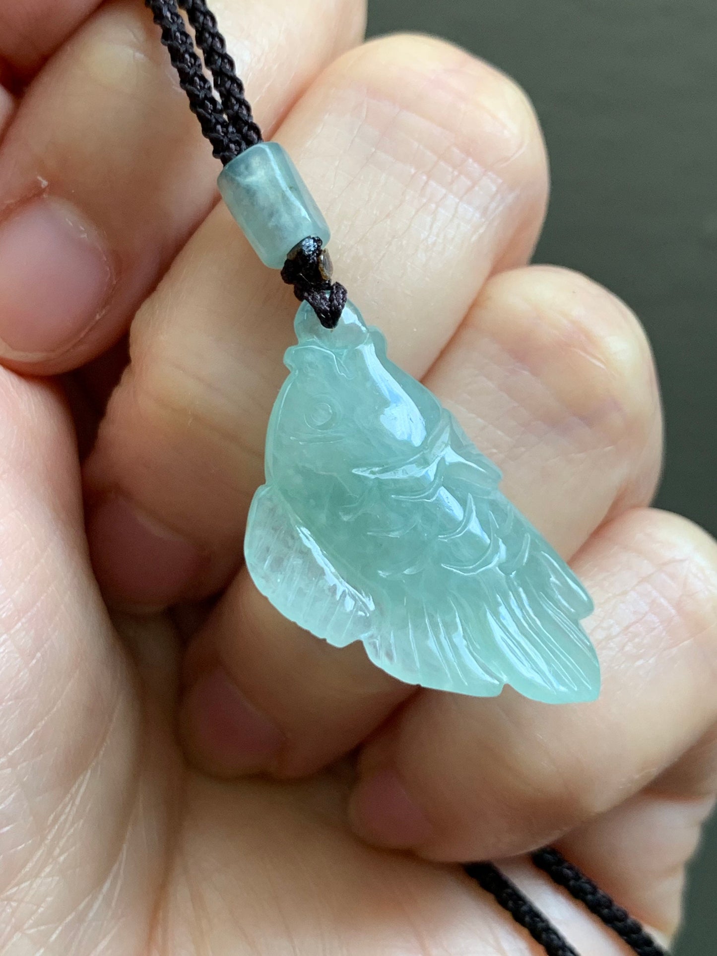 Natural Burmese Icy Translucent Light Green Jadeite Carved Fish Pendant Rope Necklace 24” Adjustable 天然缅甸冰晴绿翡翠小鱼吊坠