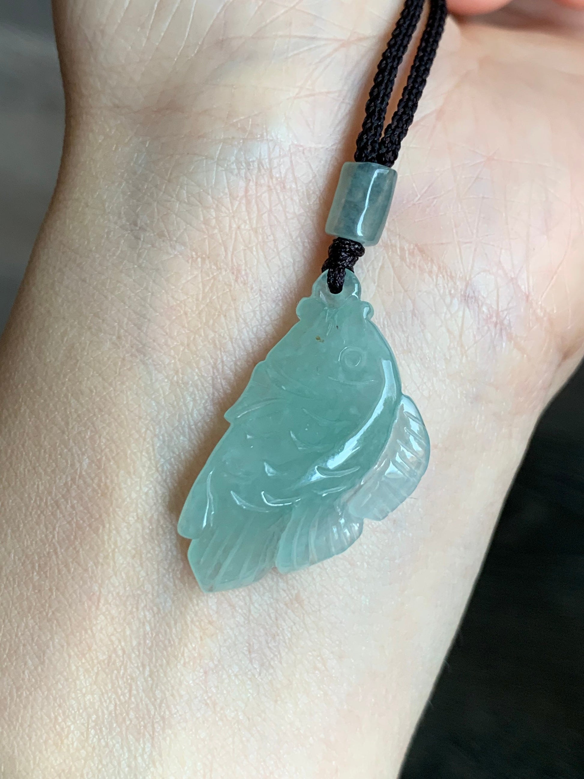 Natural Burmese Icy Translucent Light Green Jadeite Carved Fish Pendant Rope Necklace 24” Adjustable 天然缅甸冰晴绿翡翠小鱼吊坠