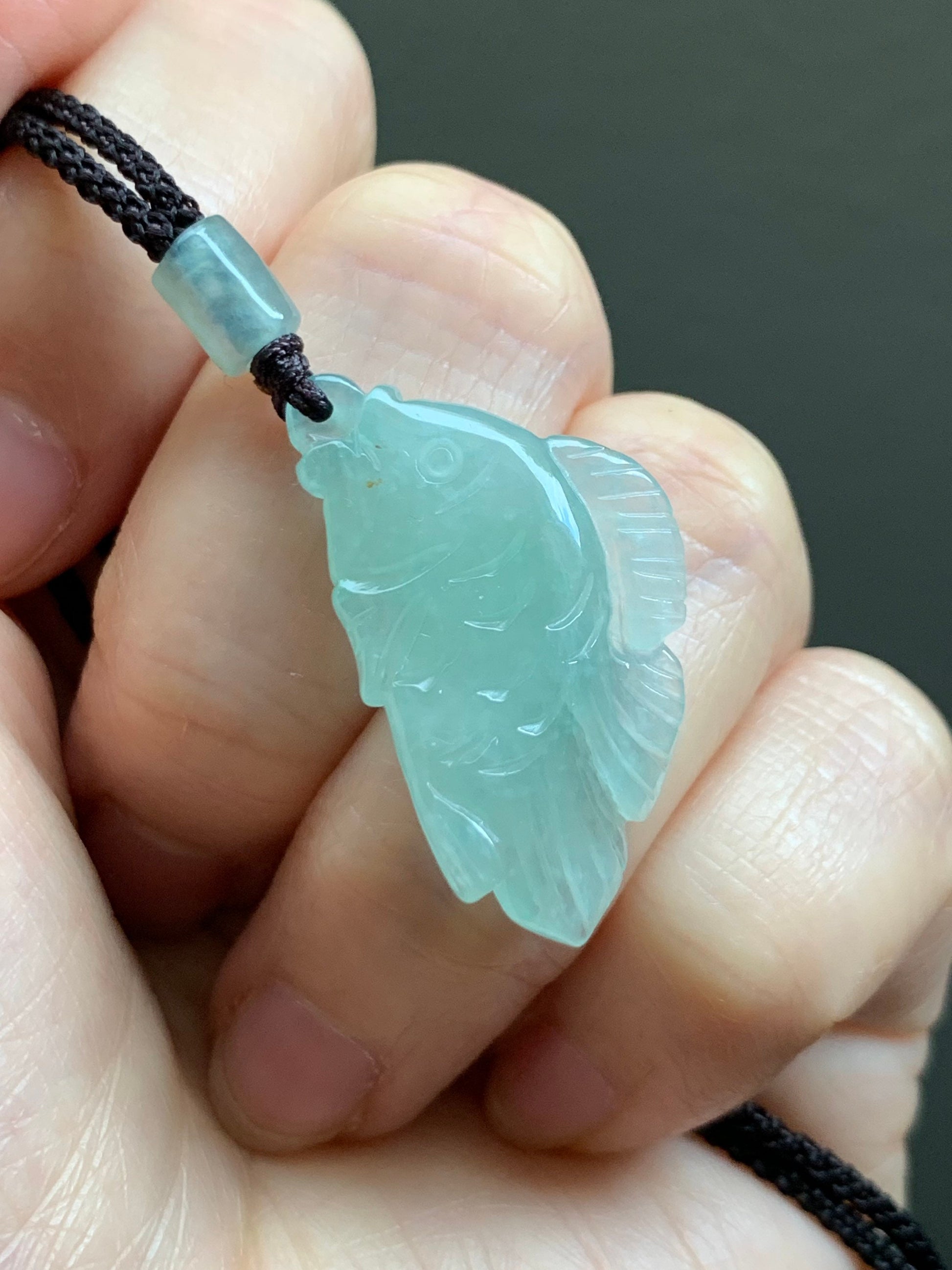 Natural Burmese Icy Translucent Light Green Jadeite Carved Fish Pendant Rope Necklace 24” Adjustable 天然缅甸冰晴绿翡翠小鱼吊坠