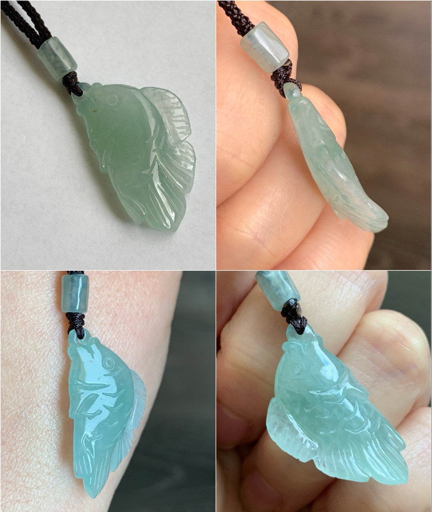 Natural Burmese Icy Translucent Light Green Jadeite Carved Fish Pendant Rope Necklace 24” Adjustable 天然缅甸冰晴绿翡翠小鱼吊坠