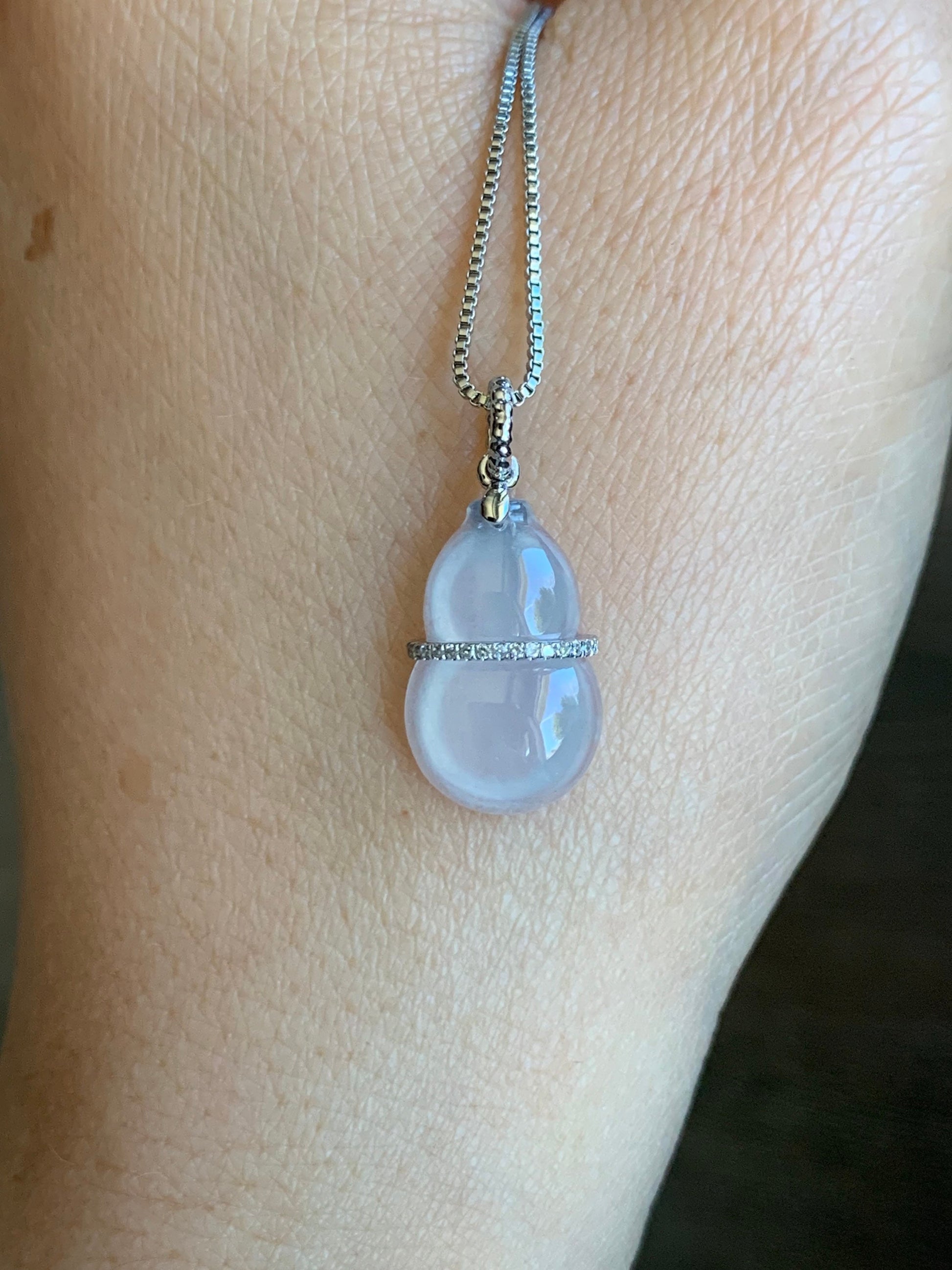 Certified Natural Burmese Premium Icy Translucent White Jadeite Hulu Gourd Pendant 18K White Gold Diamonds 天然缅甸起光白冰翡翠葫芦钻石镶嵌吊坠