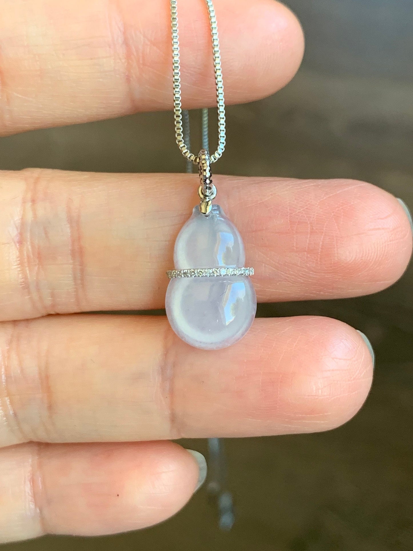Certified Natural Burmese Premium Icy Translucent White Jadeite Hulu Gourd Pendant 18K White Gold Diamonds 天然缅甸起光白冰翡翠葫芦钻石镶嵌吊坠