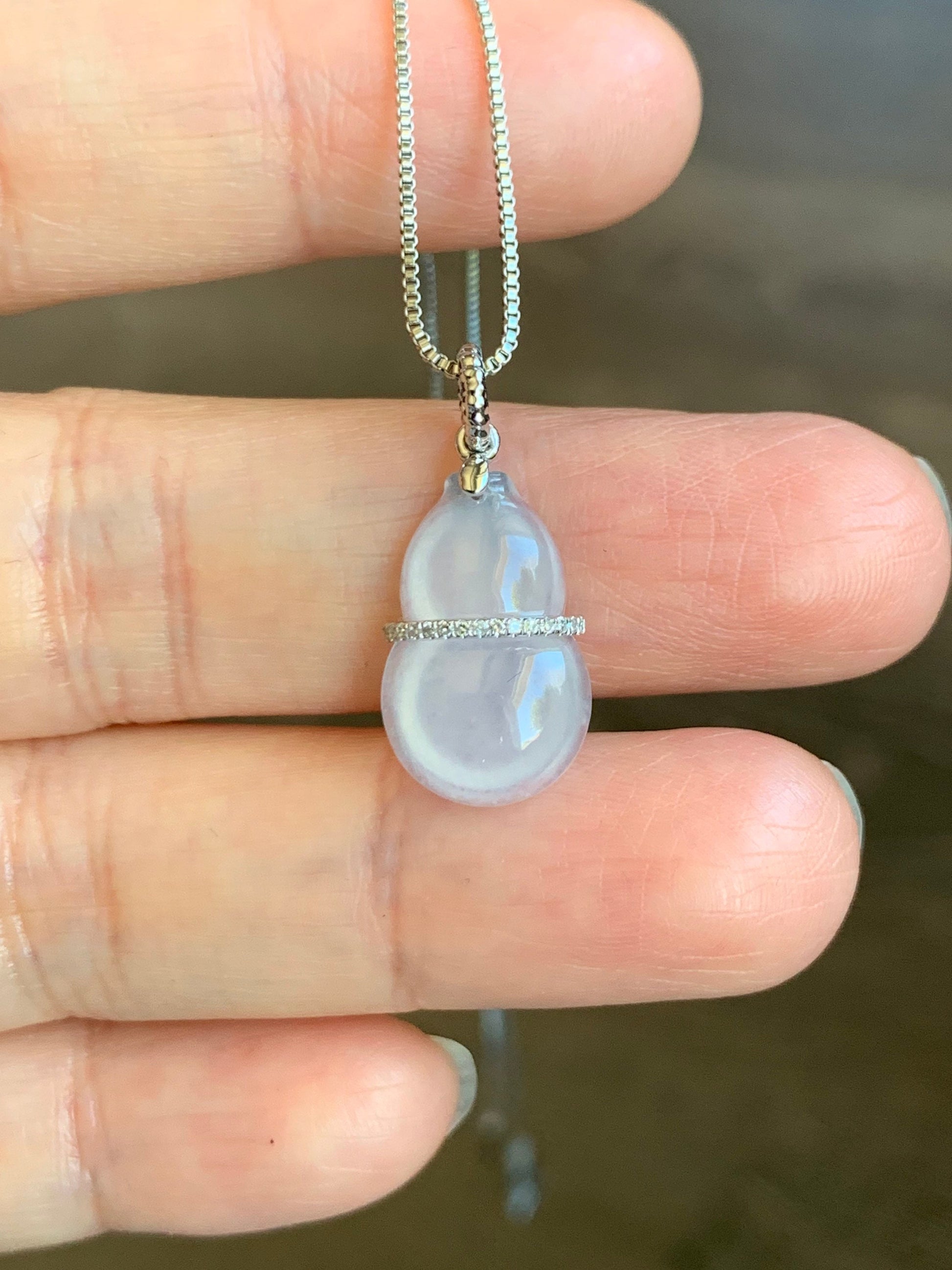 Certified Natural Burmese Premium Icy Translucent White Jadeite Hulu Gourd Pendant 18K White Gold Diamonds 天然缅甸起光白冰翡翠葫芦钻石镶嵌吊坠