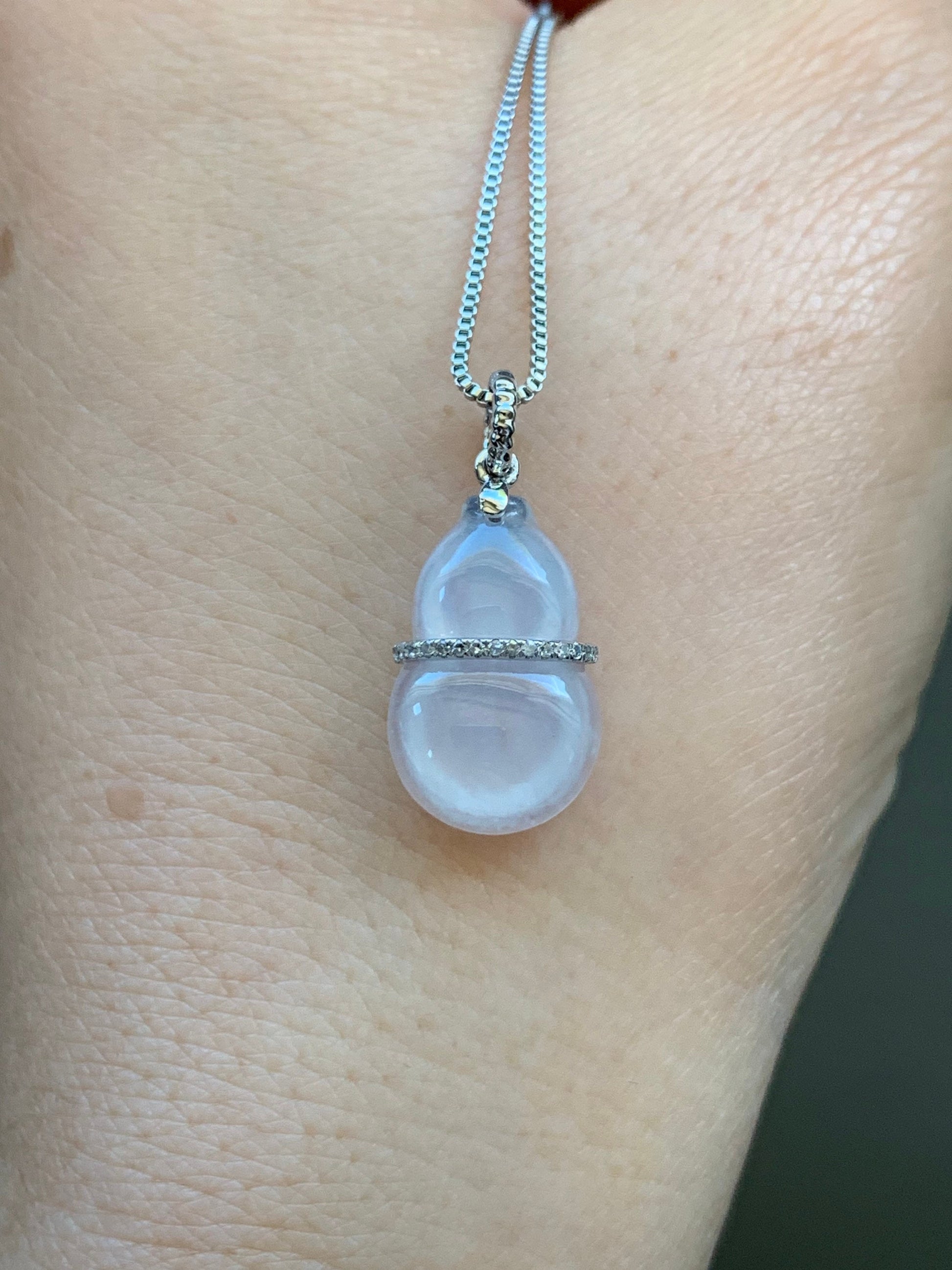 Certified Natural Burmese Premium Icy Translucent White Jadeite Hulu Gourd Pendant 18K White Gold Diamonds 天然缅甸起光白冰翡翠葫芦钻石镶嵌吊坠