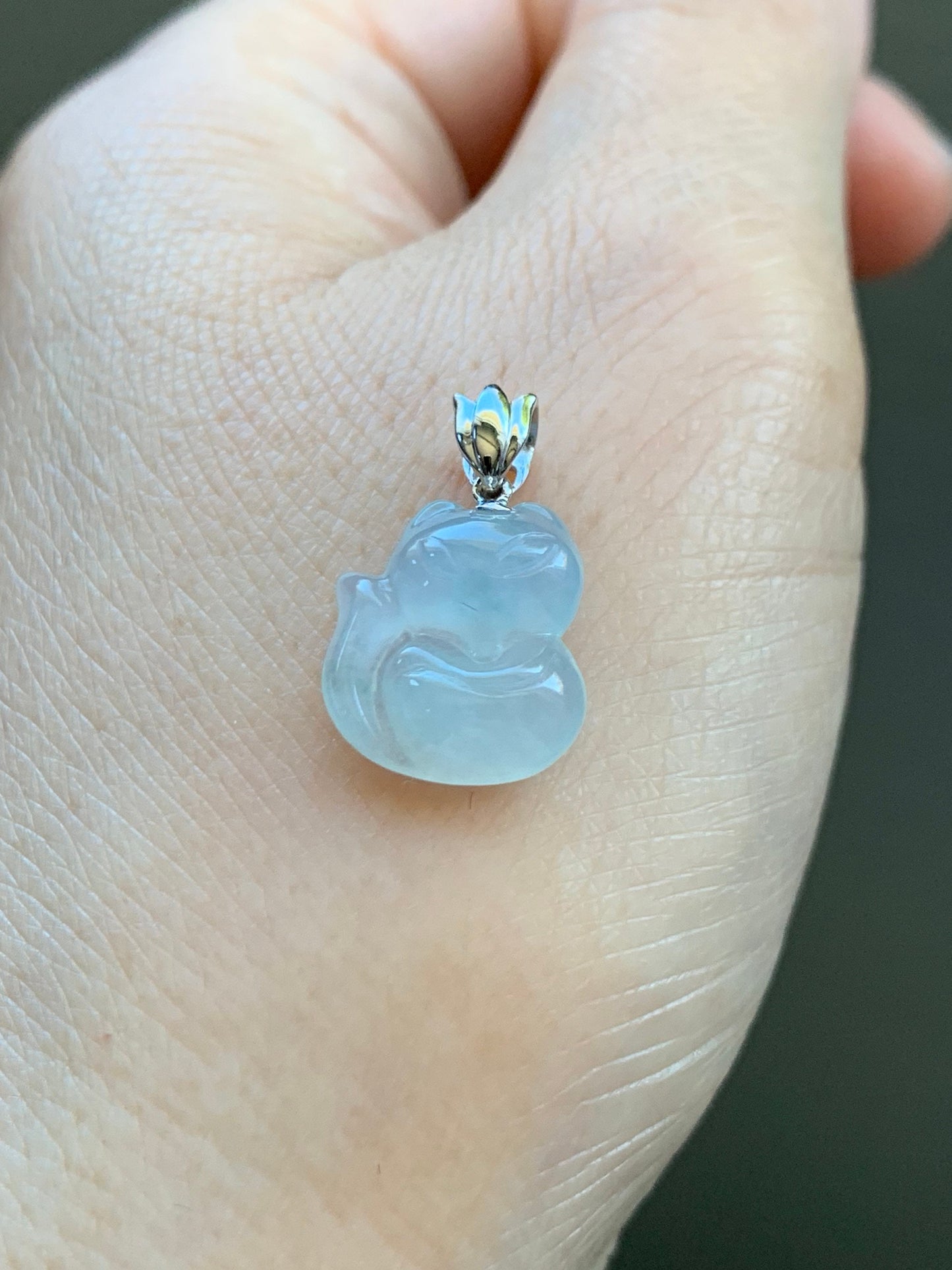 Certified Natural Burmese Icy Translucent & Gelatinous White Jadeite 3D Carved Nine-Tailed Fox Pendant 18K White Gold 天然缅甸白冰起胶翡翠九尾狐狸吊坠