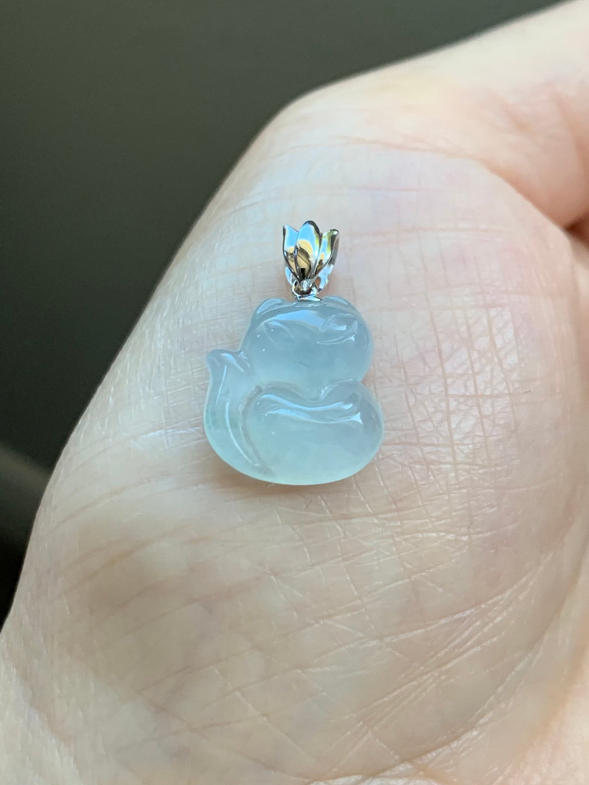 Certified Natural Burmese Icy Translucent & Gelatinous White Jadeite 3D Carved Nine-Tailed Fox Pendant 18K White Gold 天然缅甸白冰起胶翡翠九尾狐狸吊坠