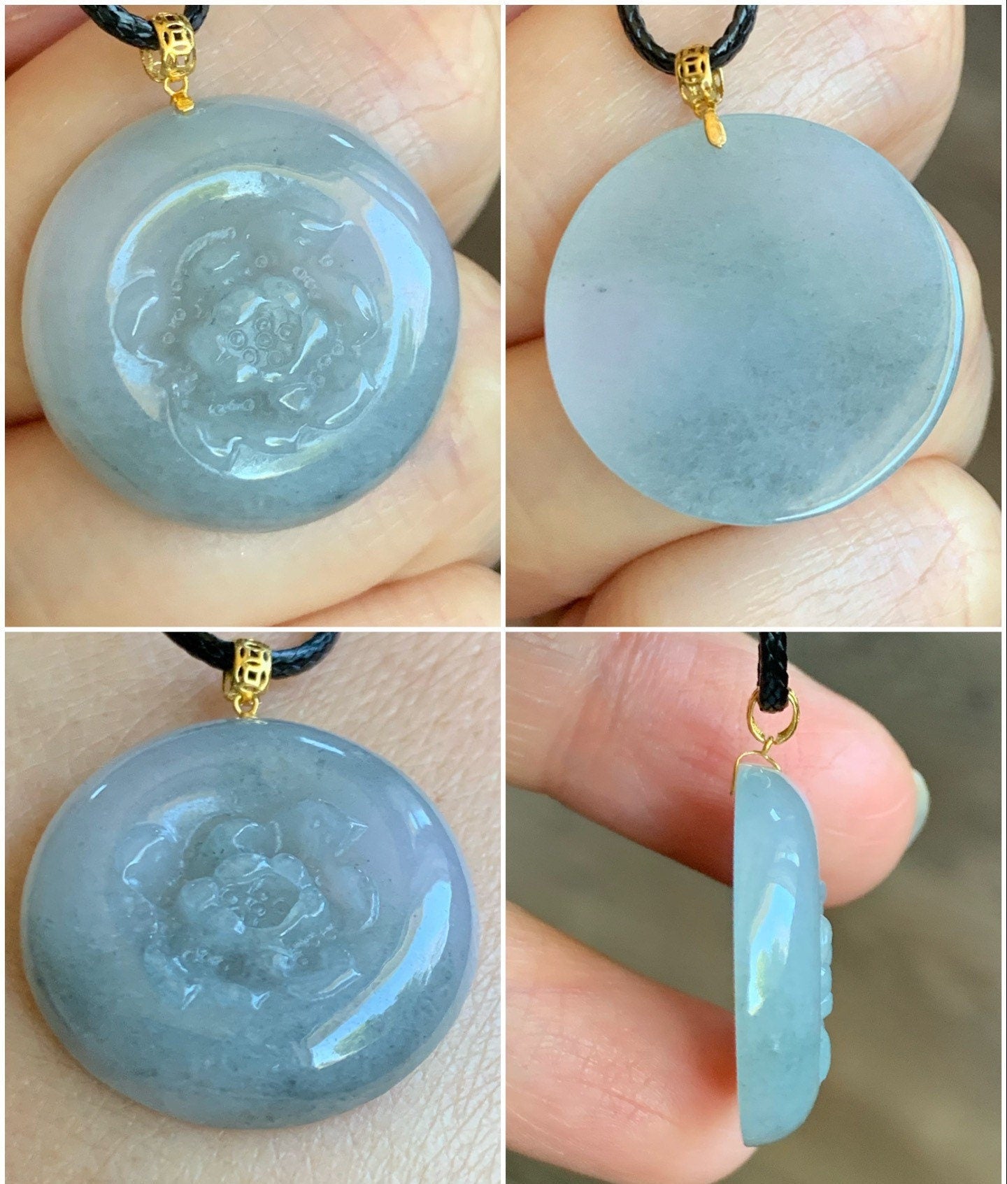 Natural Burmese Translucent Icy Wuji Marbled Jadeite Carved Peony Flower Coin Pendant 18K Yellow Gold Bail 天然缅甸糯冰淡紫乌鸡翡翠牡丹花圆牌吊坠