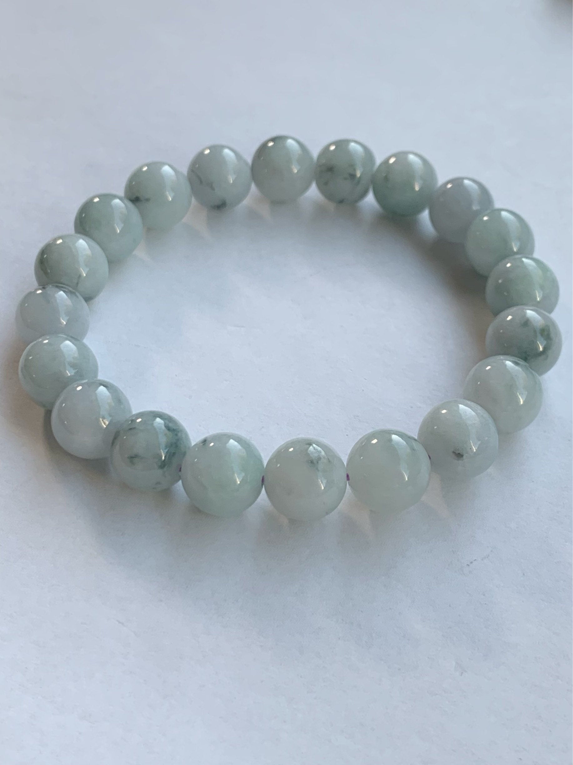 Burmese Natural Large Light Green Jadeite Beads with Dark Teal Marbling Beaded Bracelet 10 mm 7.5” 天然缅甸大卡糯种飘蓝花翡翠圆珠手串 ZCHS