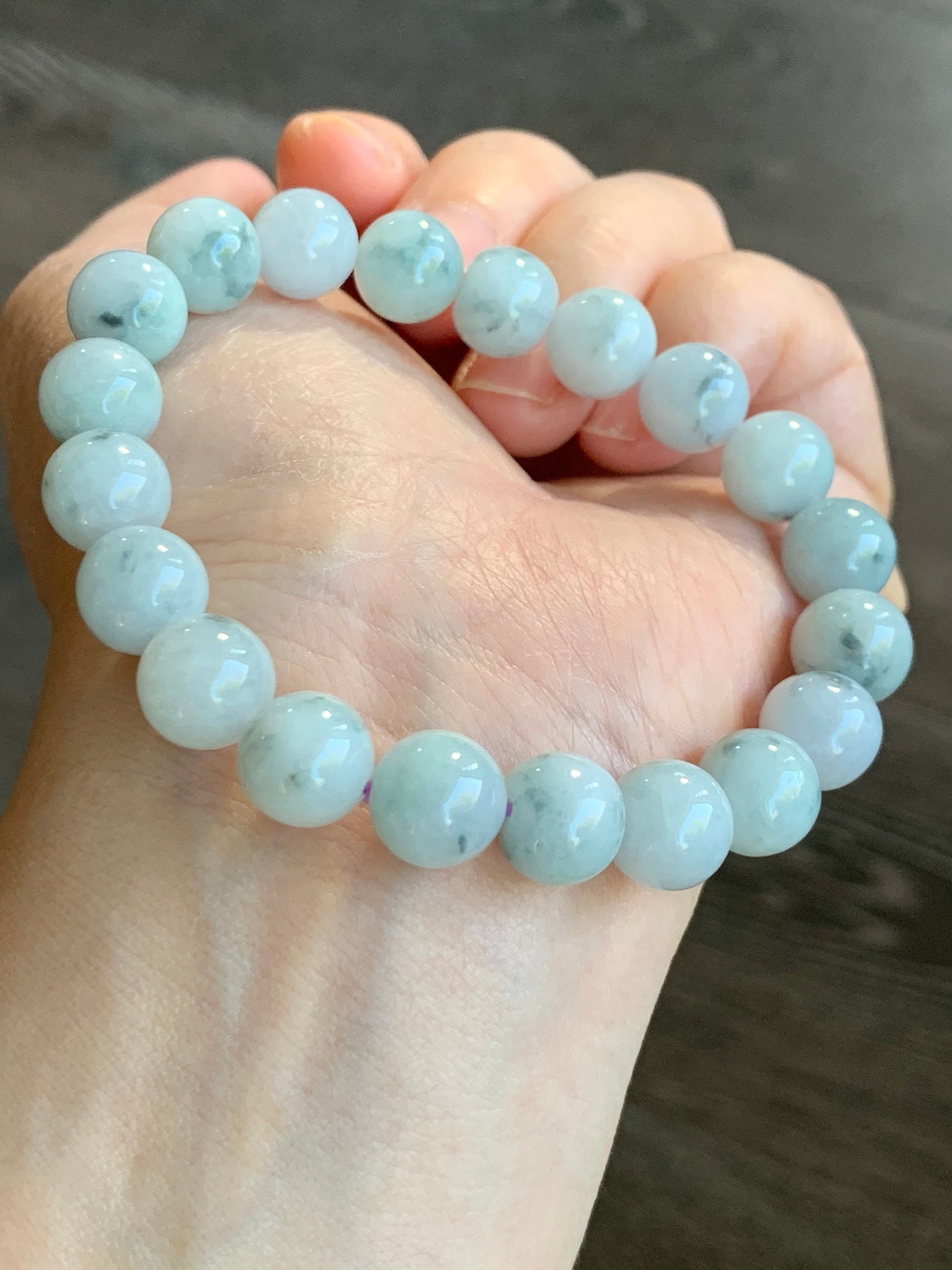 Burmese Natural Large Light Green Jadeite Beads with Dark Teal Marbling Beaded Bracelet 10 mm 7.5” 天然缅甸大卡糯种飘蓝花翡翠圆珠手串 ZCHS