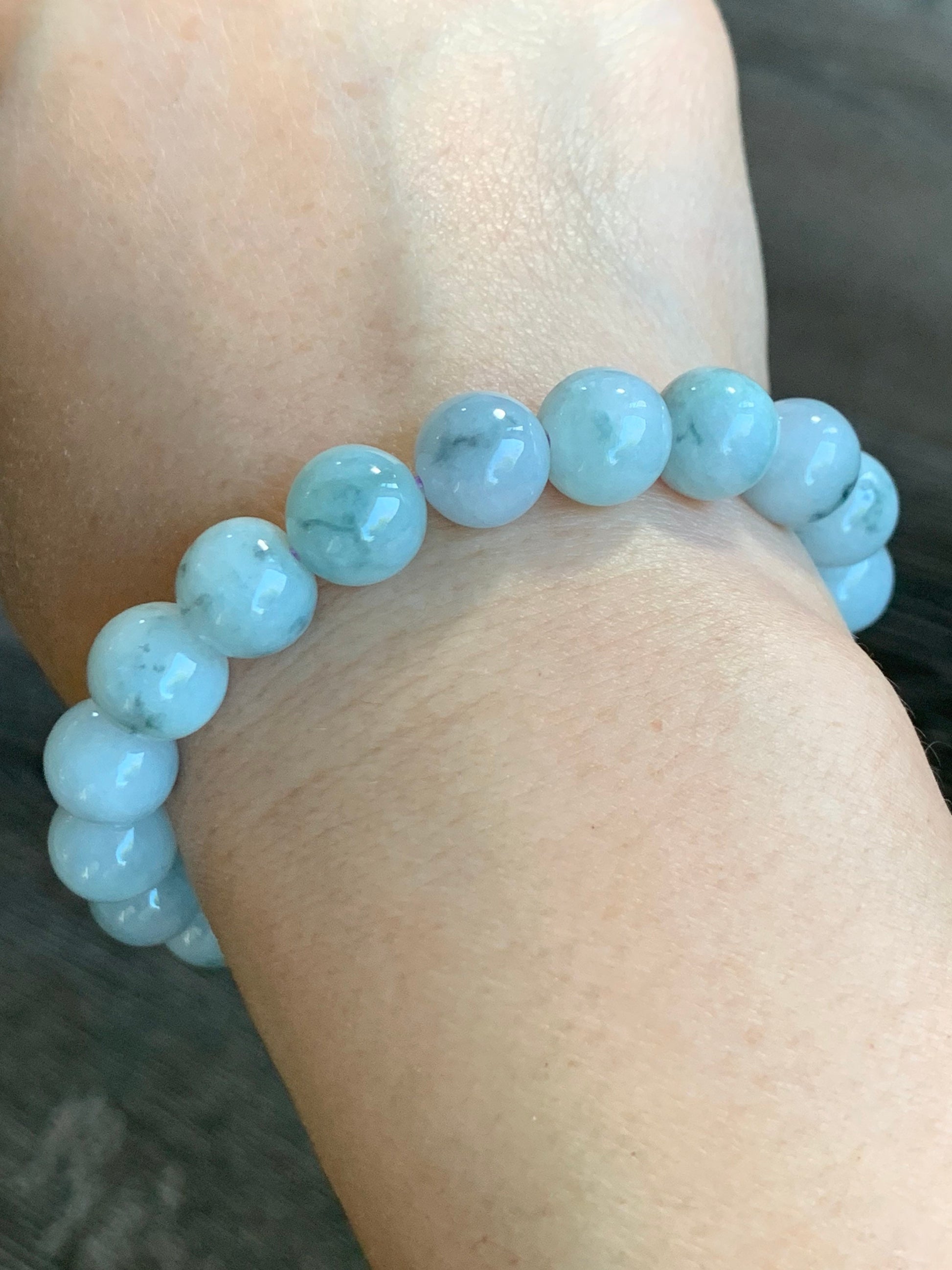 Burmese Natural Large Light Green Jadeite Beads with Dark Teal Marbling Beaded Bracelet 10 mm 7.5” 天然缅甸大卡糯种飘蓝花翡翠圆珠手串 ZCHS