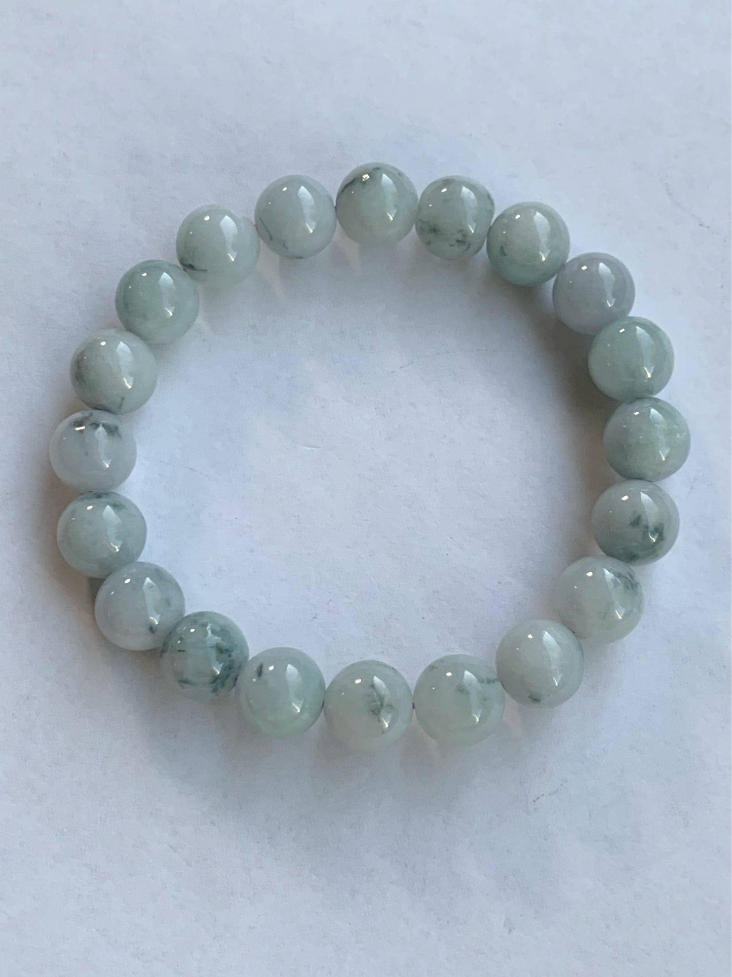 Burmese Natural Large Light Green Jadeite Beads with Dark Teal Marbling Beaded Bracelet 10 mm 7.5” 天然缅甸大卡糯种飘蓝花翡翠圆珠手串 ZCHS