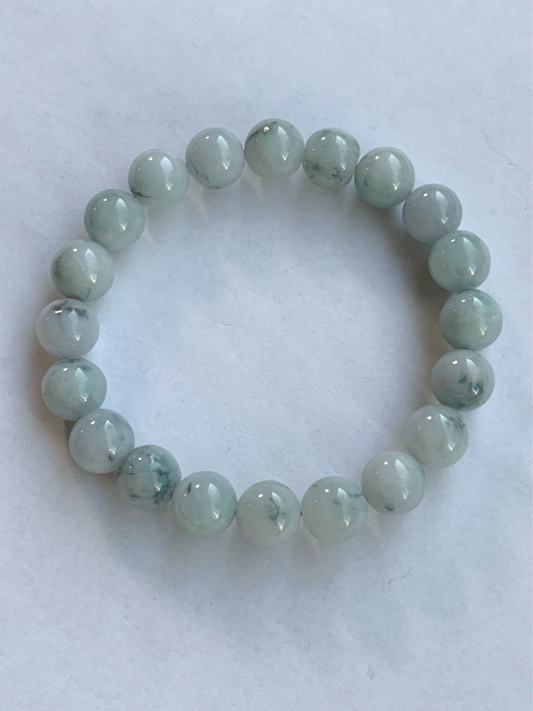 Burmese Natural Large Light Green Jadeite Beads with Dark Teal Marbling Beaded Bracelet 10 mm 7.5” 天然缅甸大卡糯种飘蓝花翡翠圆珠手串 ZCHS
