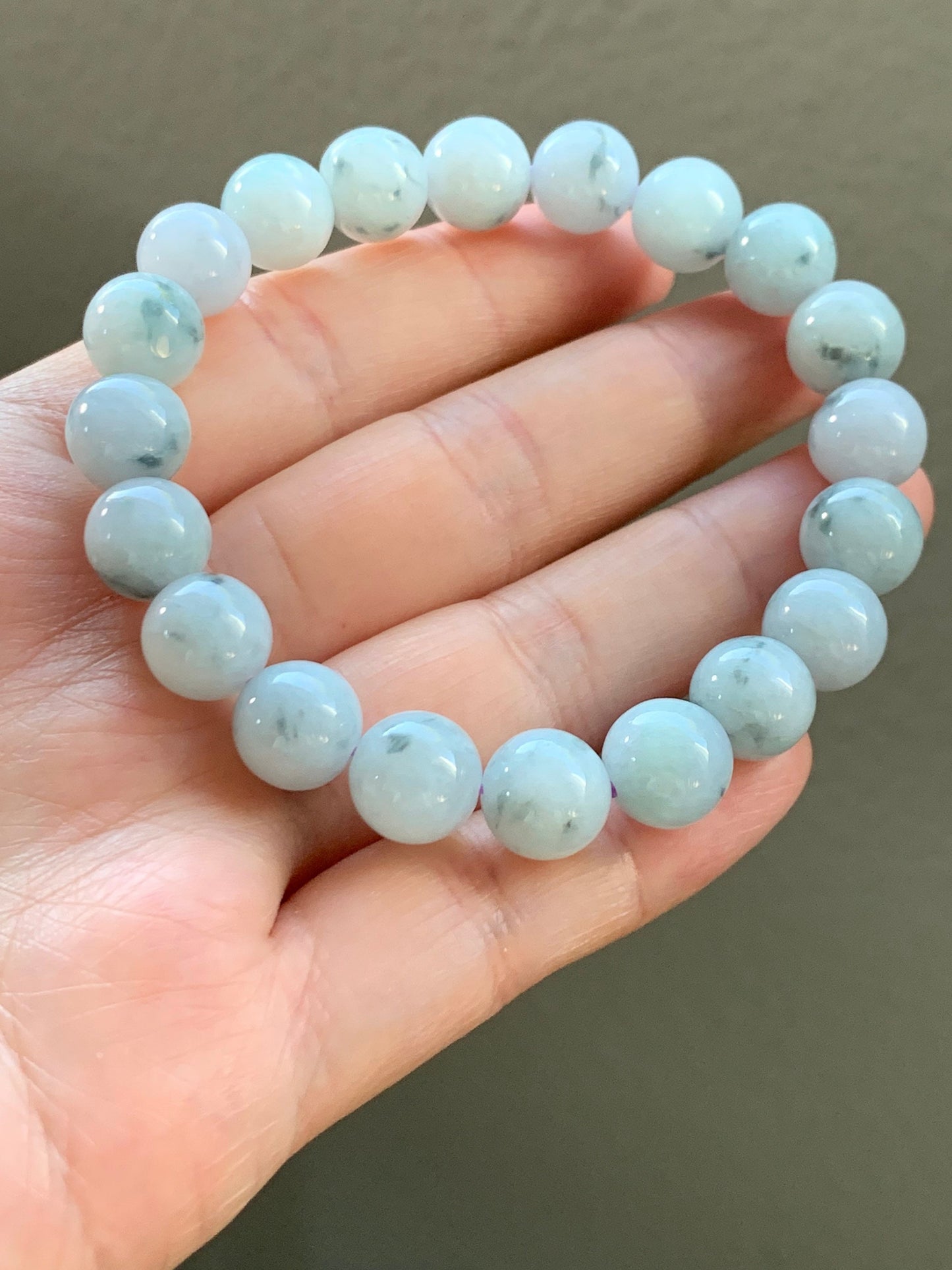 Burmese Natural Large Light Green Jadeite Beads with Dark Teal Marbling Beaded Bracelet 10 mm 7.5” 天然缅甸大卡糯种飘蓝花翡翠圆珠手串 ZCHS