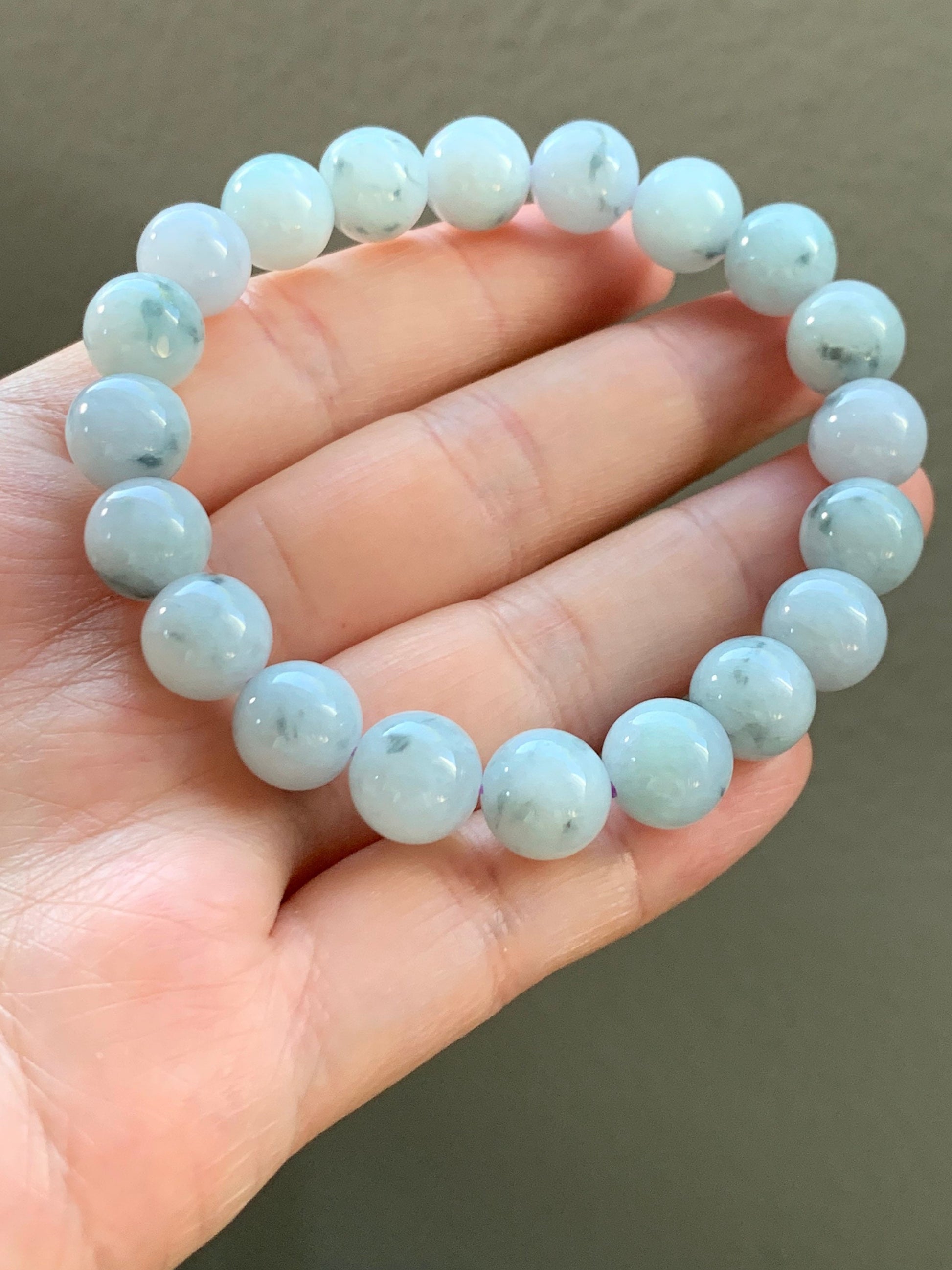 Burmese Natural Large Light Green Jadeite Beads with Dark Teal Marbling Beaded Bracelet 10 mm 7.5” 天然缅甸大卡糯种飘蓝花翡翠圆珠手串 ZCHS