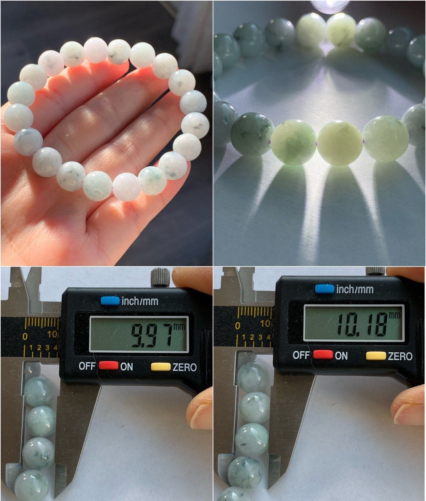 Burmese Natural Large Light Green Jadeite Beads with Dark Teal Marbling Beaded Bracelet 10 mm 7.5” 天然缅甸大卡糯种飘蓝花翡翠圆珠手串 ZCHS