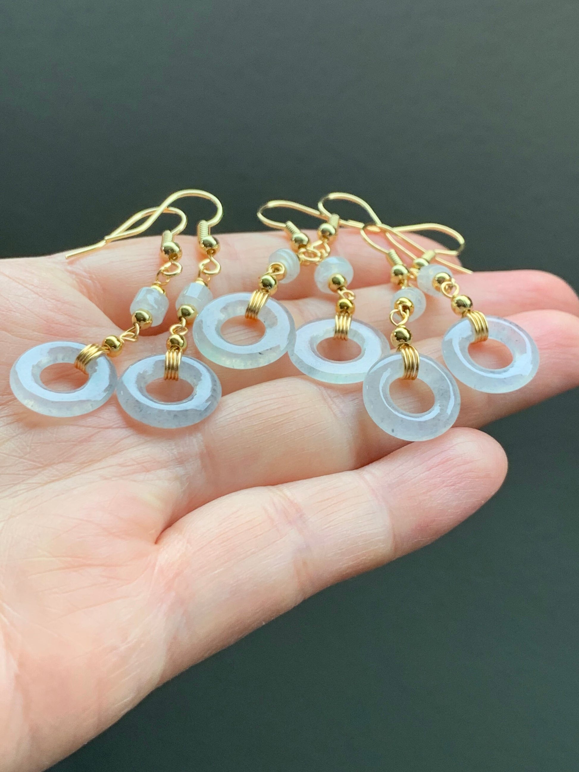 Natural Burmese Icy Highly Translucent Wuji Jadeite Ping An Kou Donut Dangle Earrings 14K Gold Plated 天然缅甸起冰起光冰乌鸡平安圈耳吊