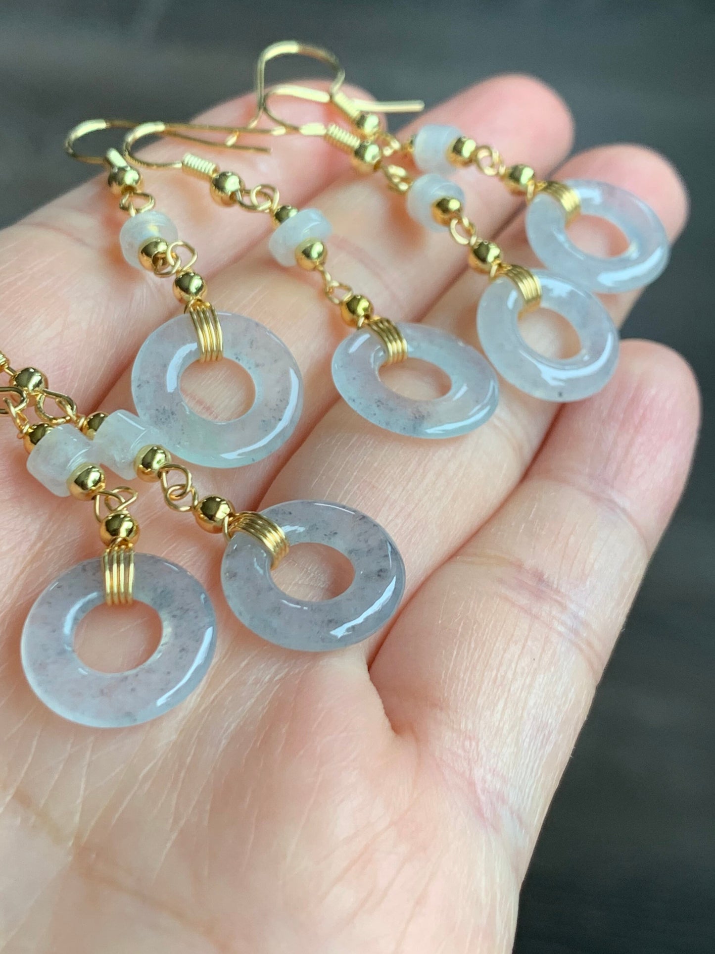 Natural Burmese Icy Highly Translucent Wuji Jadeite Ping An Kou Donut Dangle Earrings 14K Gold Plated 天然缅甸起冰起光冰乌鸡平安圈耳吊